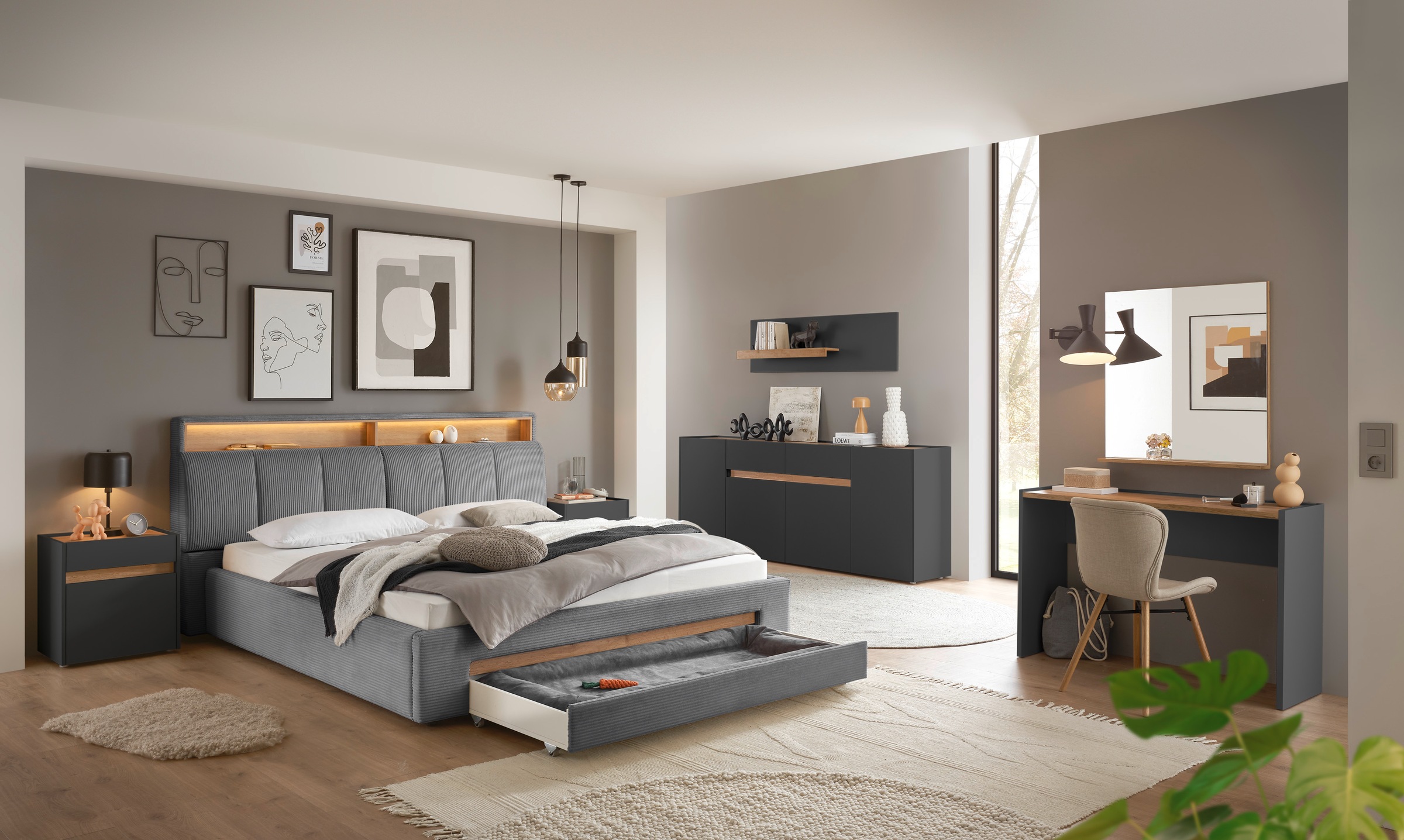 Home affaire Polsterbett »CiTY/GiRON,, gepolstertes Stauraumbett, mit LED Beleuchtung« Bettkasten mit Hundebett oder als Stauraum, klappbare Kopfteile