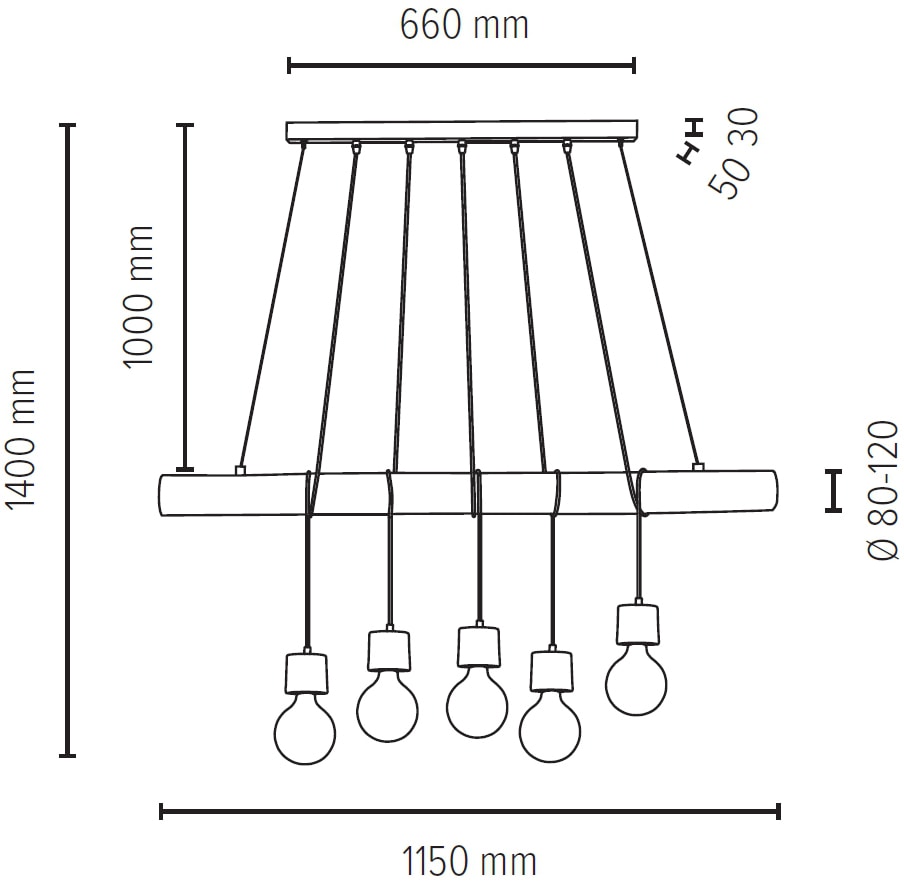 SPOT Light Pendelleuchte »TRABO PINO«, 5 flammig, Leuchtmittel E27 | Leuchtmittel wechselbar, Hängeleuchte, Holzbalken aus massivem Kiefernholz Ø 8-12 cm