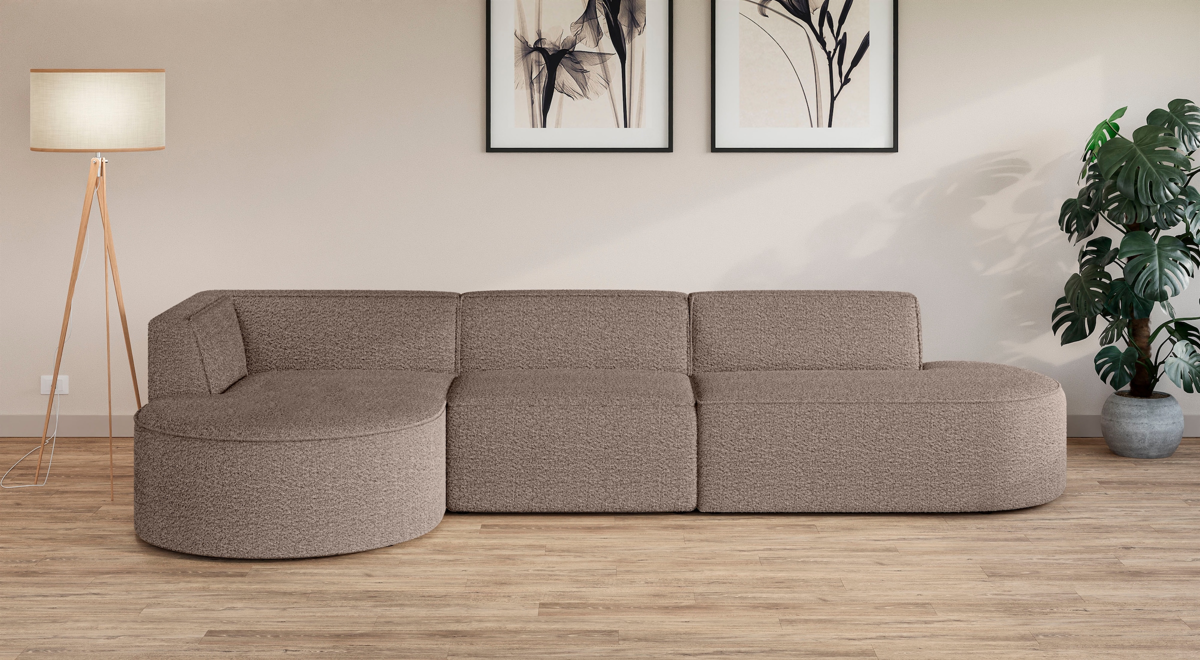 andas Ecksofa »EIVIND Designer Sofa mit Ottomane rechts/links, B/T/H: 343/159/72 cm«, L-Form mit Wellenunterfederung, auch in Feincord und Bouclé