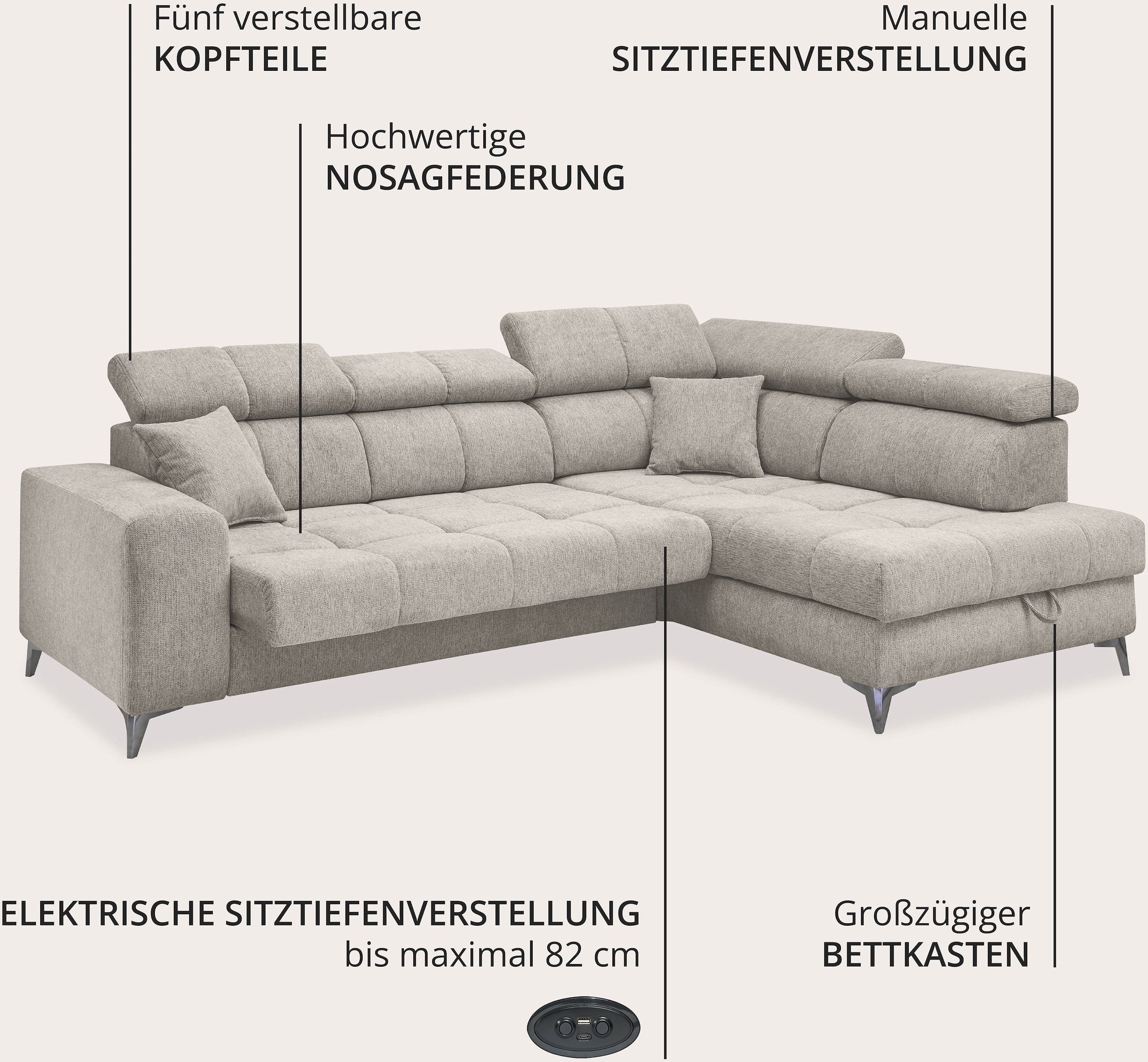 ED EXCITING DESIGN Ecksofa »Sydney L-Form« motorischer Sitztiefenverstellung, USB-Port & 2 Zierkissen
