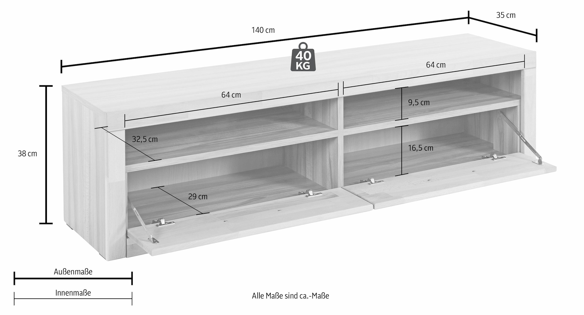 Home affaire Lowboard »Ribe,140cm breit, Fronten Massivholz,4 Fächer,Kabeldurchführung«, Holz massiv, Holzwerkstoff, Metall Griffe,2 Klappen