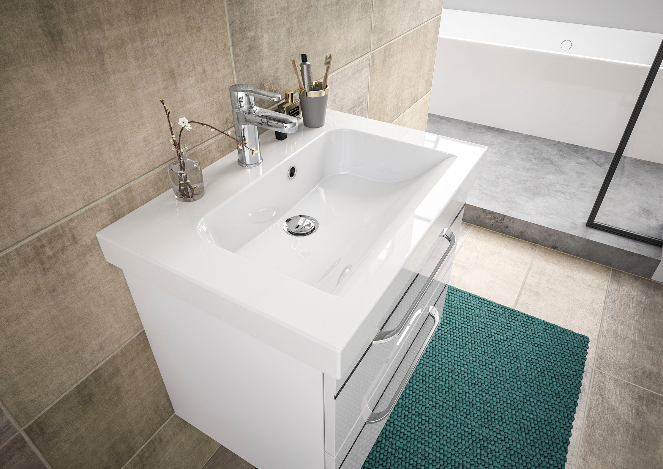Saphir Waschtisch "Serie Balto Mineralmarmor-Waschtisch mit Unterschrank, 64,4 cm breit" 2 Stk. tlg. Waschplatz mit 2 Schubladen, Badschrank in verschiedenen Ausführungen