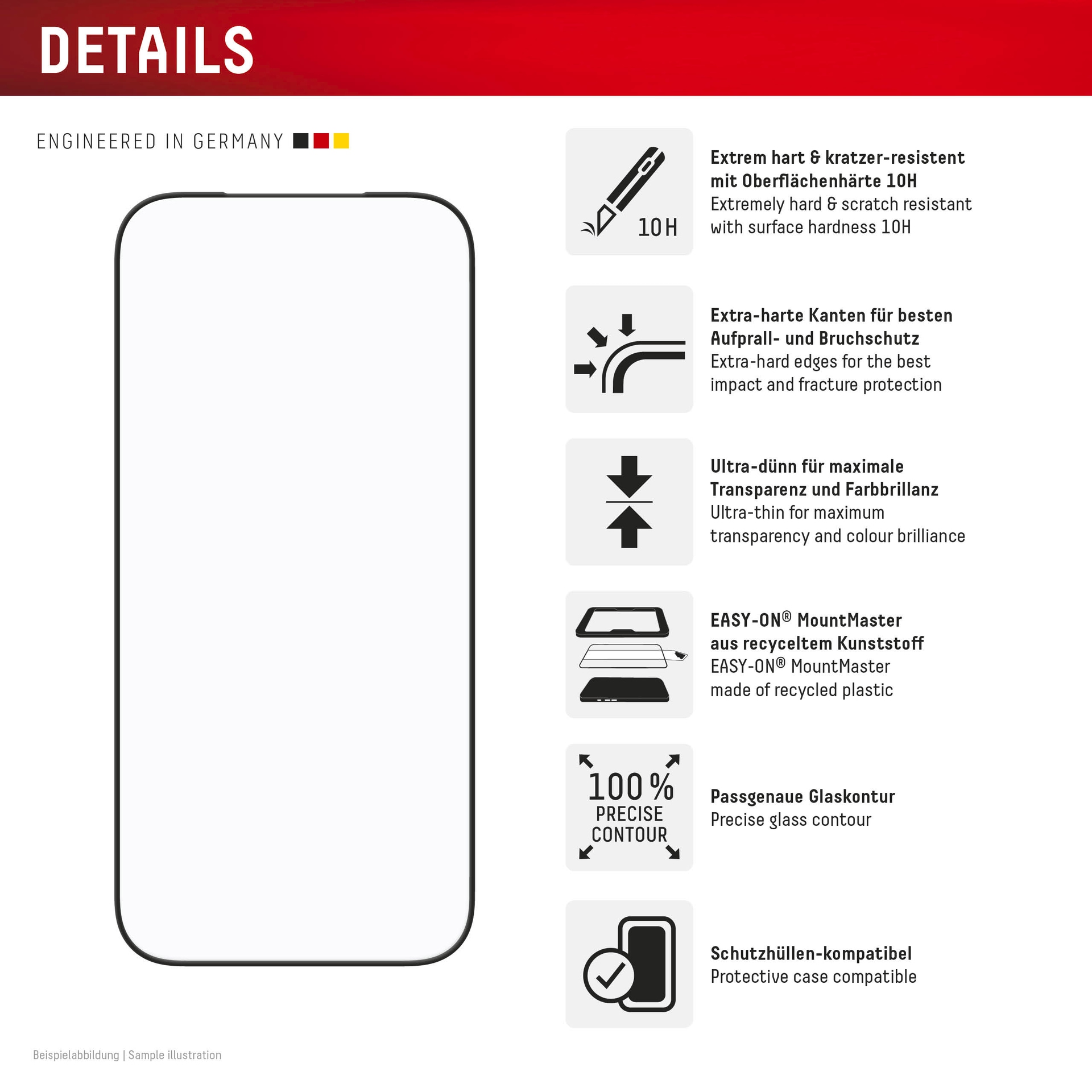 Displex Displayschutzglas »Premium Glass Screen Protector mit EASY-ON MountMaster« für Apple iPhone 17 Pro Displayschutzfolie, Schutzfolie, Bildschirmschutz, kratz- & stoßfest
