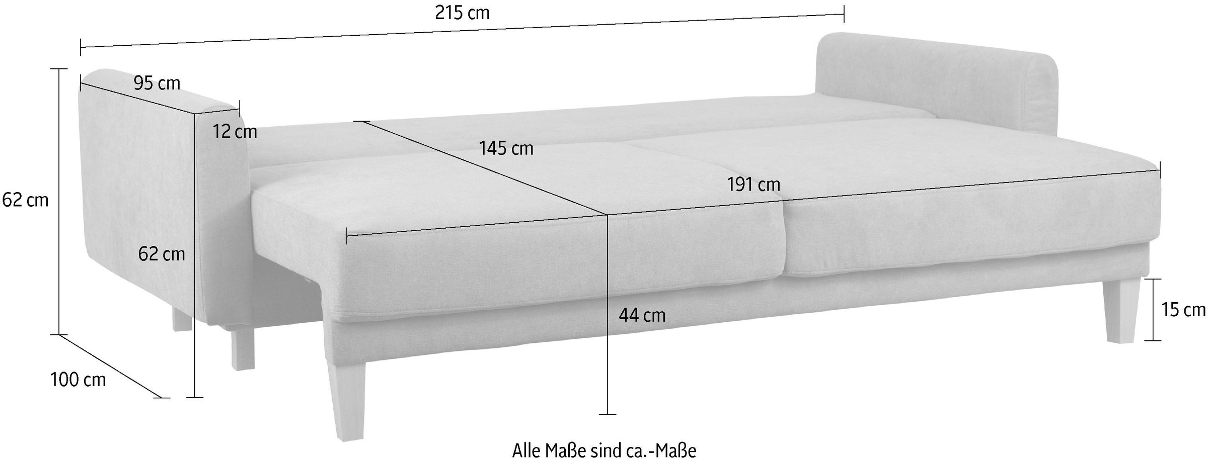 Home affaire 3-Sitzer »TRIPLO optionale Schlafsofa mit Bettkasten, Maße B/T/H: 215/100/89 cm«, Wahlweise Bettfunktion - Liegefläche 145x191 cm, Rücken-, Zierkissen
