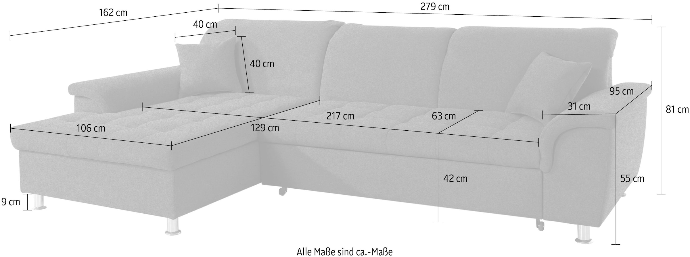 DOMO collection Ecksofa »Franzi, zeitlos und elegant, moderne Sitzheftung, L-Form«, wahlweise mit Kopfteilverstellung (dann Tiefe: 170 cm)