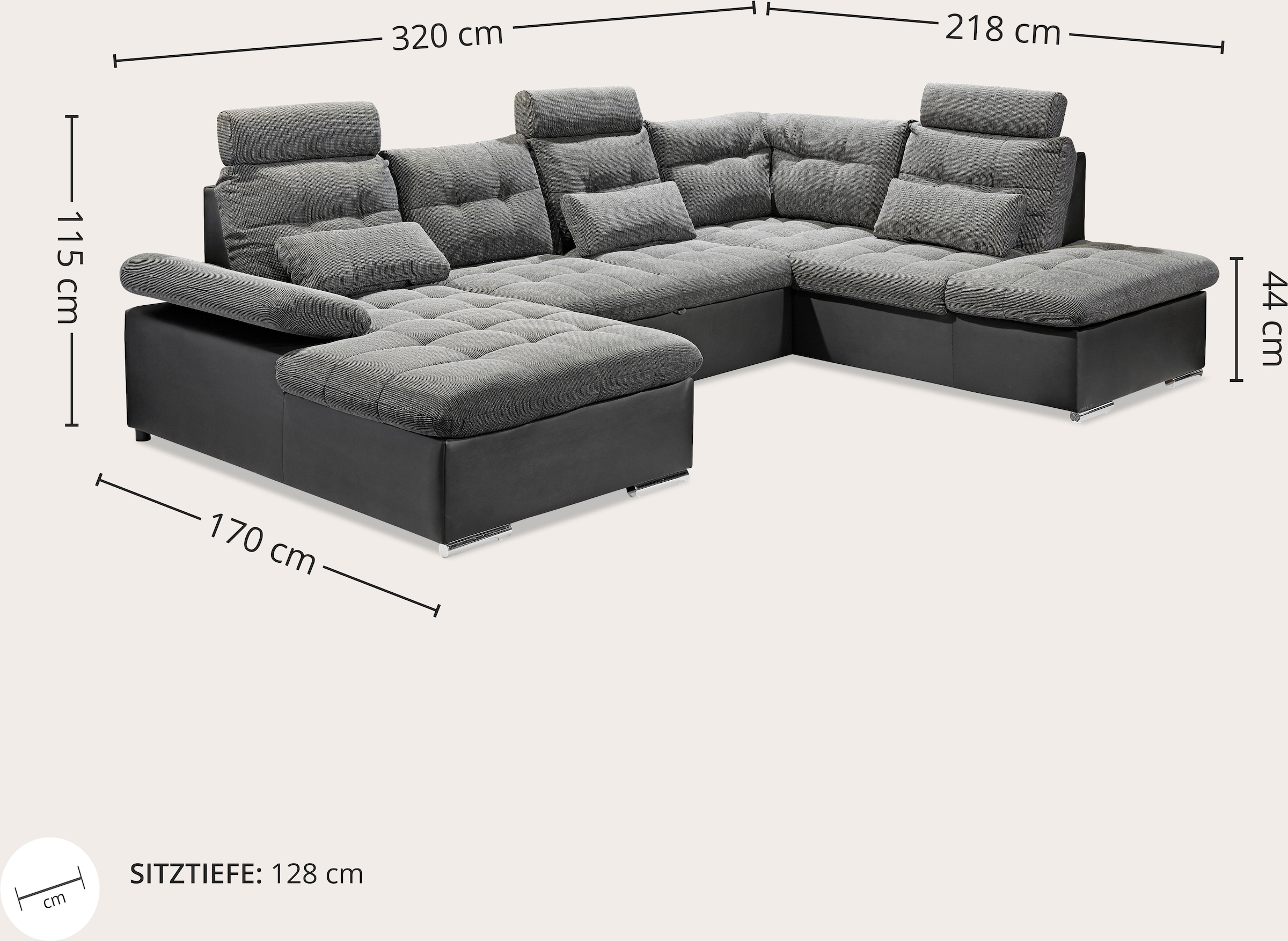 ED EXCITING DESIGN Wohnlandschaft »Jakarta U-Form mit Bettfunktion, Bettkasten« Armteilverstellung, Kopfstützen & 3 Nierenkissen