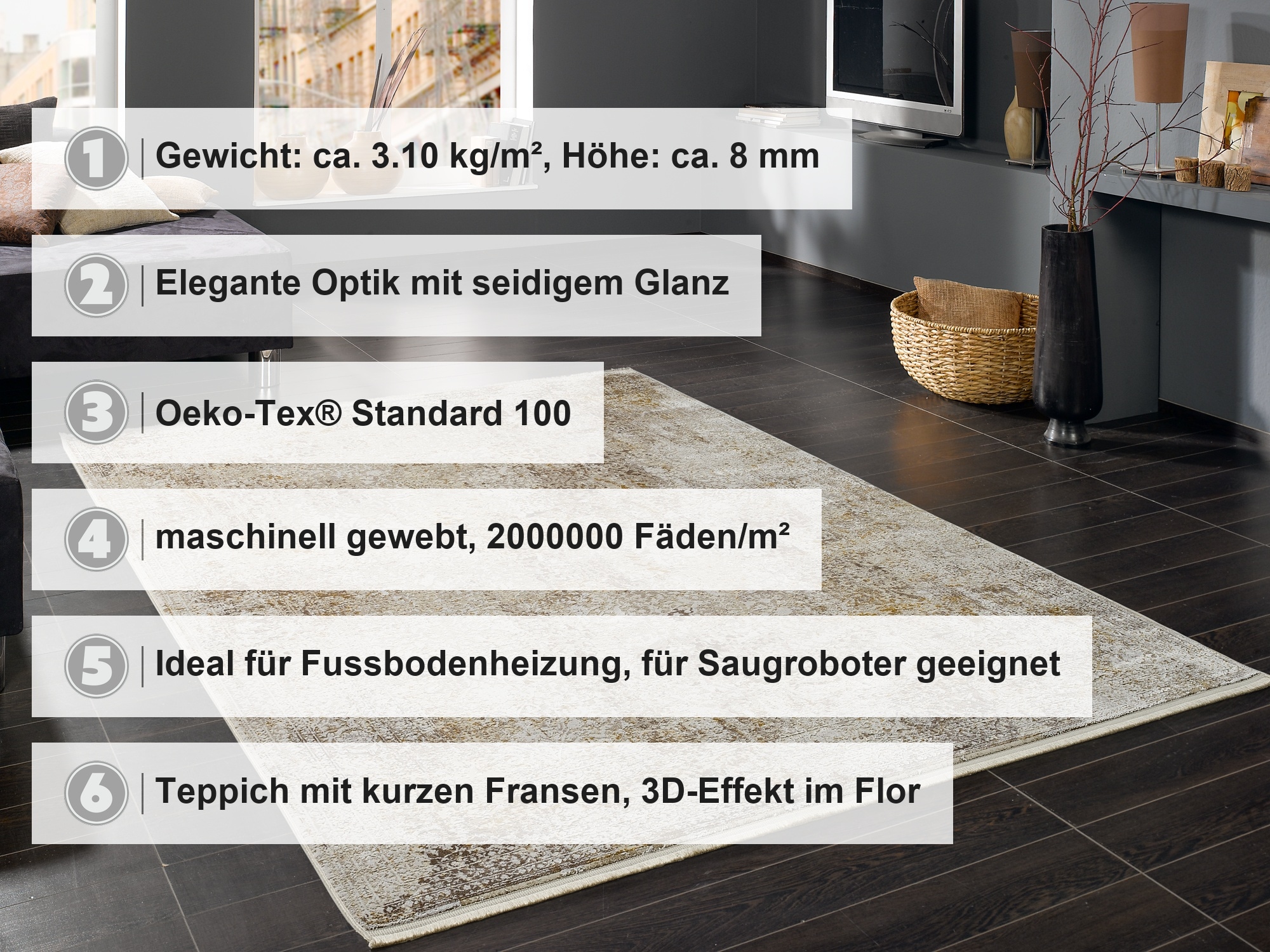 OCI DIE TEPPICHMARKE Teppich »BESTELLER CAVA« rund 8 mm Höhe Glanz Viskose, mit Fransen, Hoch Tief Struktur, Vintage, Wohnzimmer