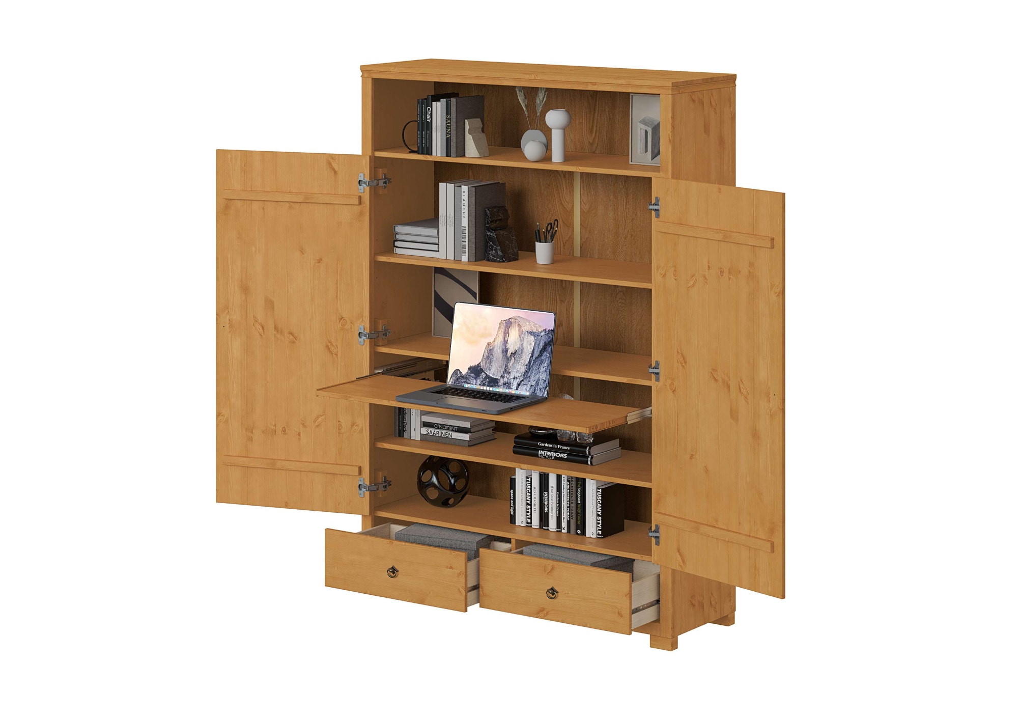 OTTO home Wäscheschrank »Clarius, Neuheit! Smarter ALLESKÖNNER, Mehrzweckschrank, Büroschrank«, (H/B/T ca. 180/125/40cm), mit Ausziehregal, Schublade, stabil + langlebig, Massivholz made in EU