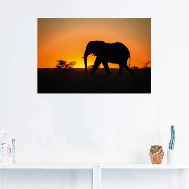 Artland Raten (1 »Afrikanischer als Alubild, kaufen auf Größen oder Wandbild in im Sonnenuntergang«, Poster Wildtiere, Wandaufkleber St.), versch. Elefant Leinwandbild,