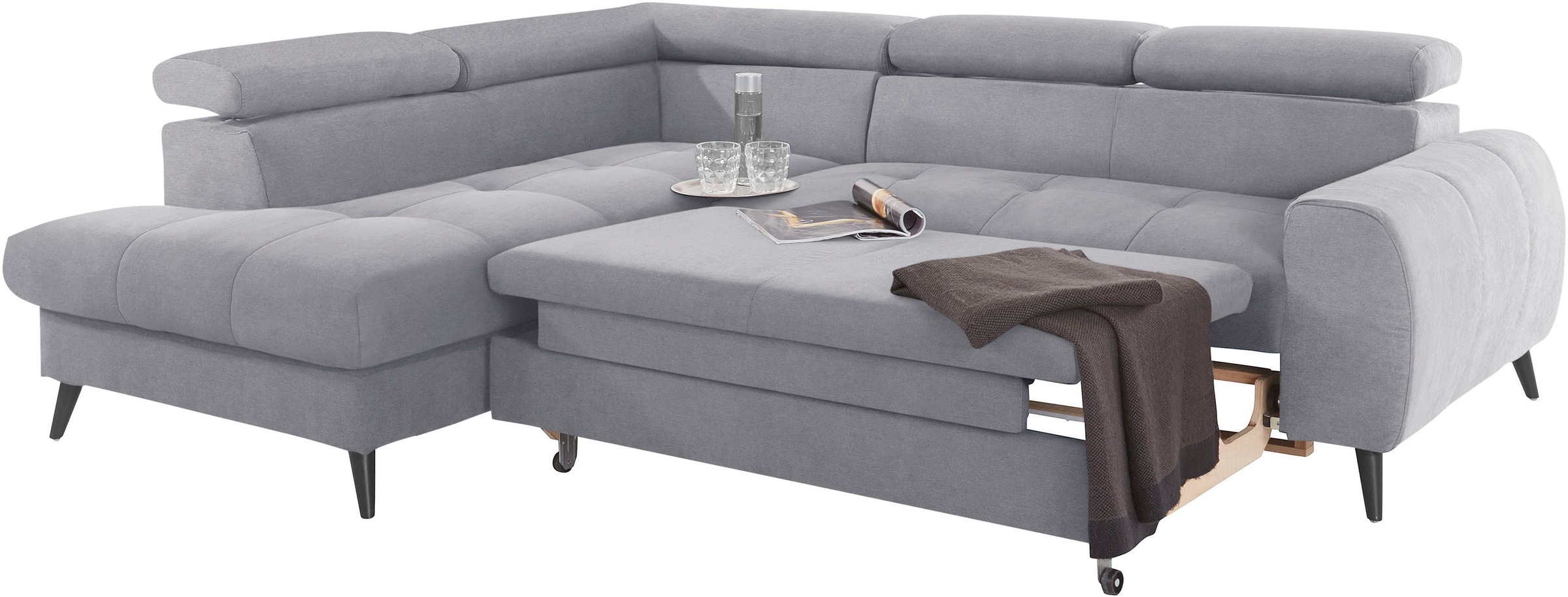 COTTA Ecksofa »Mia L-Form mit 3 Zierkissen«, wahlweise mit Bettfunktion, Bettkasten, Beleuchtung & Wireless-Charger