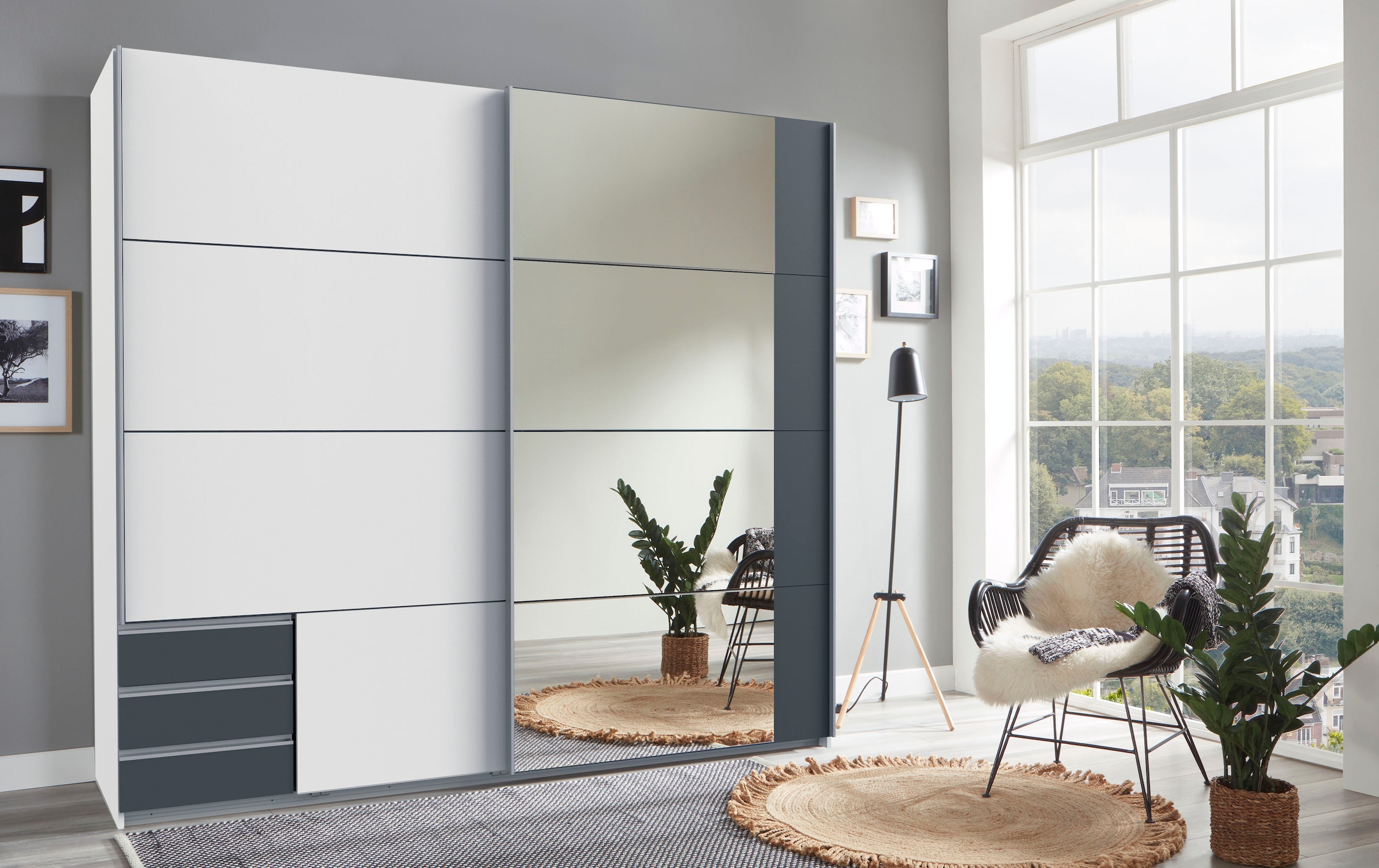 Wimex Schwebetürenschrank »Emden moderner Kleiderschrank mit Spiegel und Schubladen BESTSELLER«, Schlafzimmer Schrank Garderobenschrank mit Schwebetüren Topseller