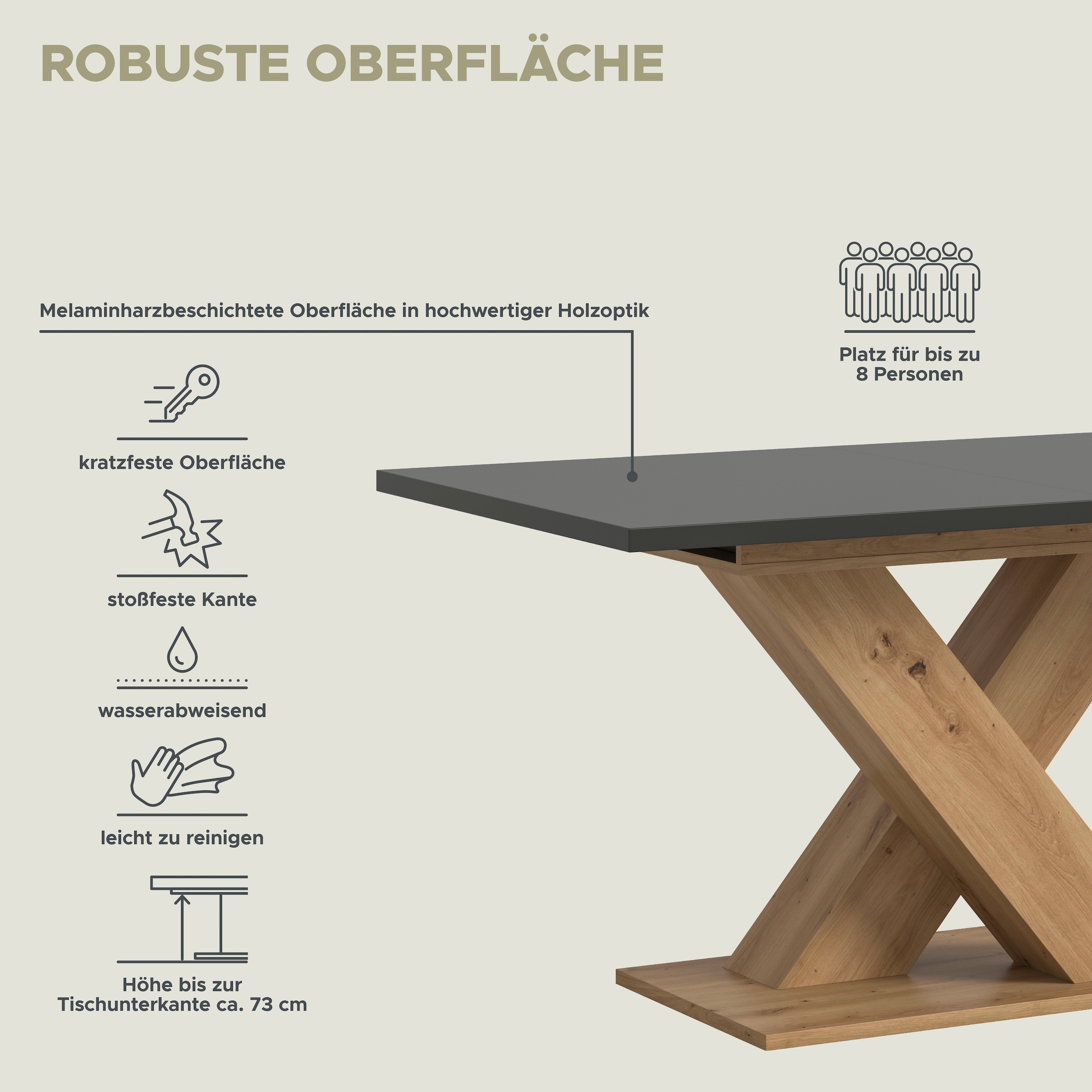 INOSIGN Esstisch »Motus, ausziehbar 150 -190 cm, inklusive 40 cm Einlegeplatte«, (Set, 1 St.), X-Gestell mit Bodenplatte, Tisch, Küchentisch, Esszimmer, Küche