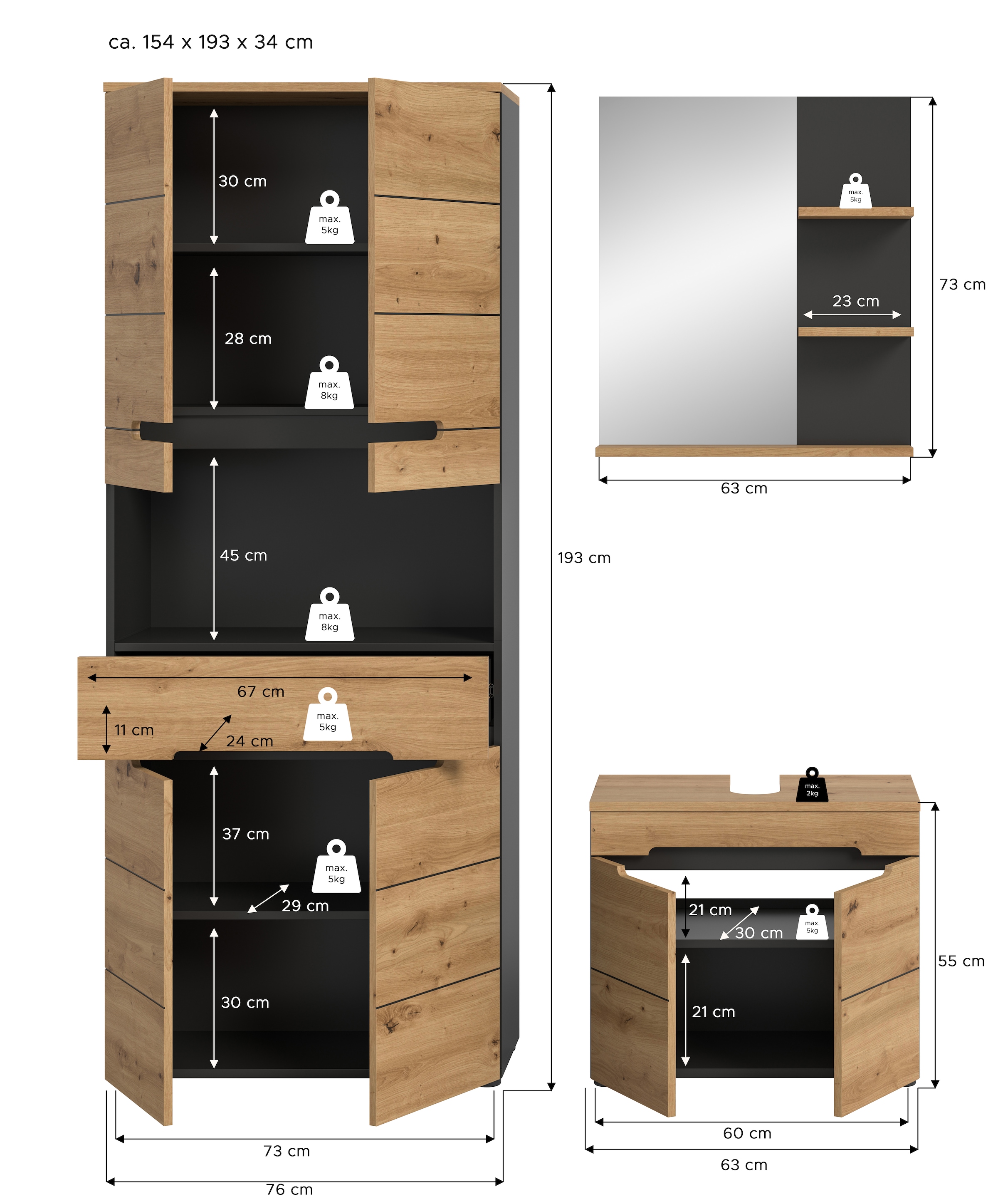 INOSIGN Badmöbel-Set »REHAT, 3-teilig, Breite 154 cm, mit grifflosen Fronten, bestehend aus:«, (3 St.), 1x Hochschrank, 1x Waschbeckenunterschrank & 1x Badspiegel