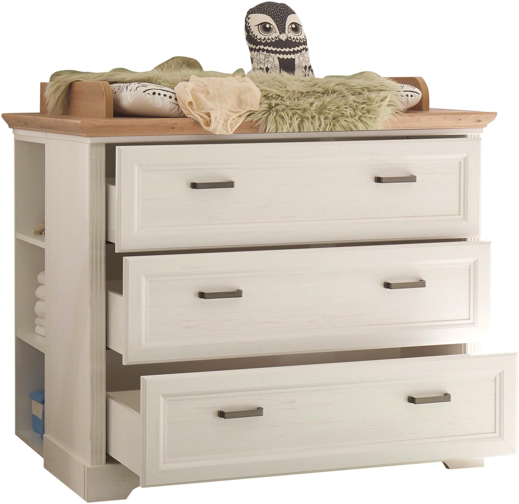 Begabino Wickelkommode »Jasmin Kommode mit Wickelaufsatz«, bis 15 kg, im Landhausstil, Kommode mit 3 Schubkästen, 114 cm