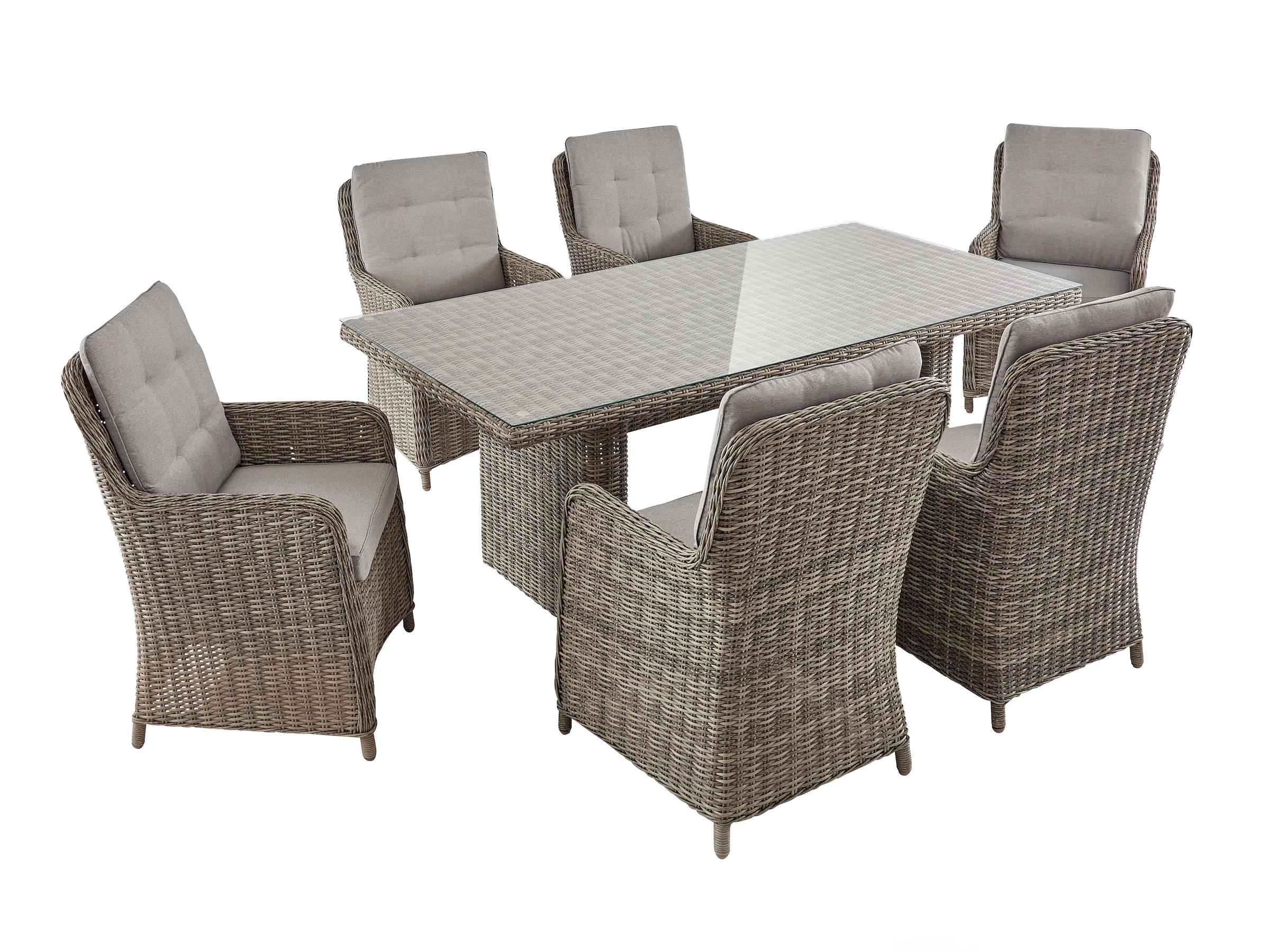 KONIFERA Garten-Essgruppe »Venedig«, (Set, 19 tlg., 6x Sessel, 1x Tisch 200x100x75 cm, inkl. Auflagen, Alu, Polyrattan), Tischplatte aus 5mm starkem Sicherheitsglas, Hellgrau