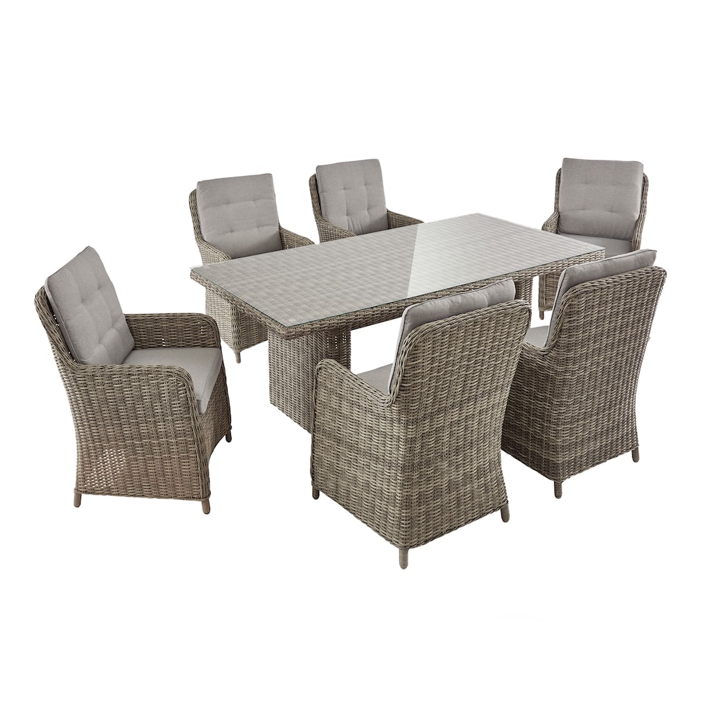 KONIFERA Garten-Essgruppe »Venedig«, (Set, 19 tlg., 6x Sessel, 1x Tisch 200x100x75 cm, inkl. Auflagen, Alu, Polyrattan)