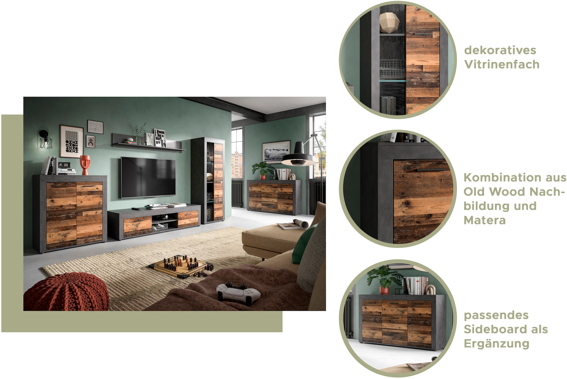 INOSIGN Wohnwand »Aosta, Breite 330cm, best. aus Highboard, Lowboard, Wandboard, Vitrine«, (4 St.), Wohnwand, Kombination, Anbauwand, Möbel Set, Schrankwand, Möbel Kombi