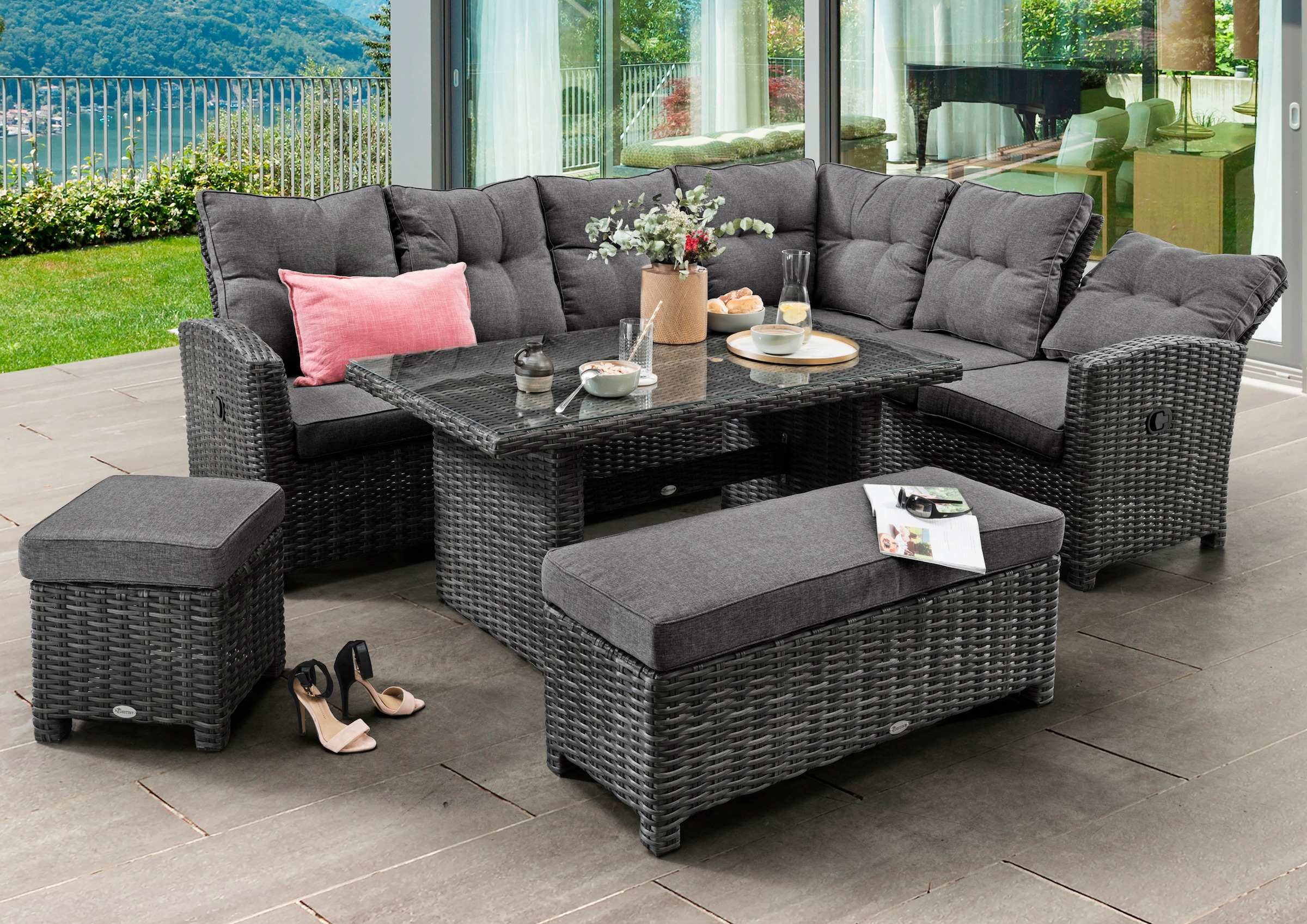 Destiny Gartenlounge-Set "SANTA PONSA DE LUXE Eckgruppe, grau mel., Tisch 140x80cm, Polster grau" Set, 20 Stk. tlg. Aluminium, Polyrattan