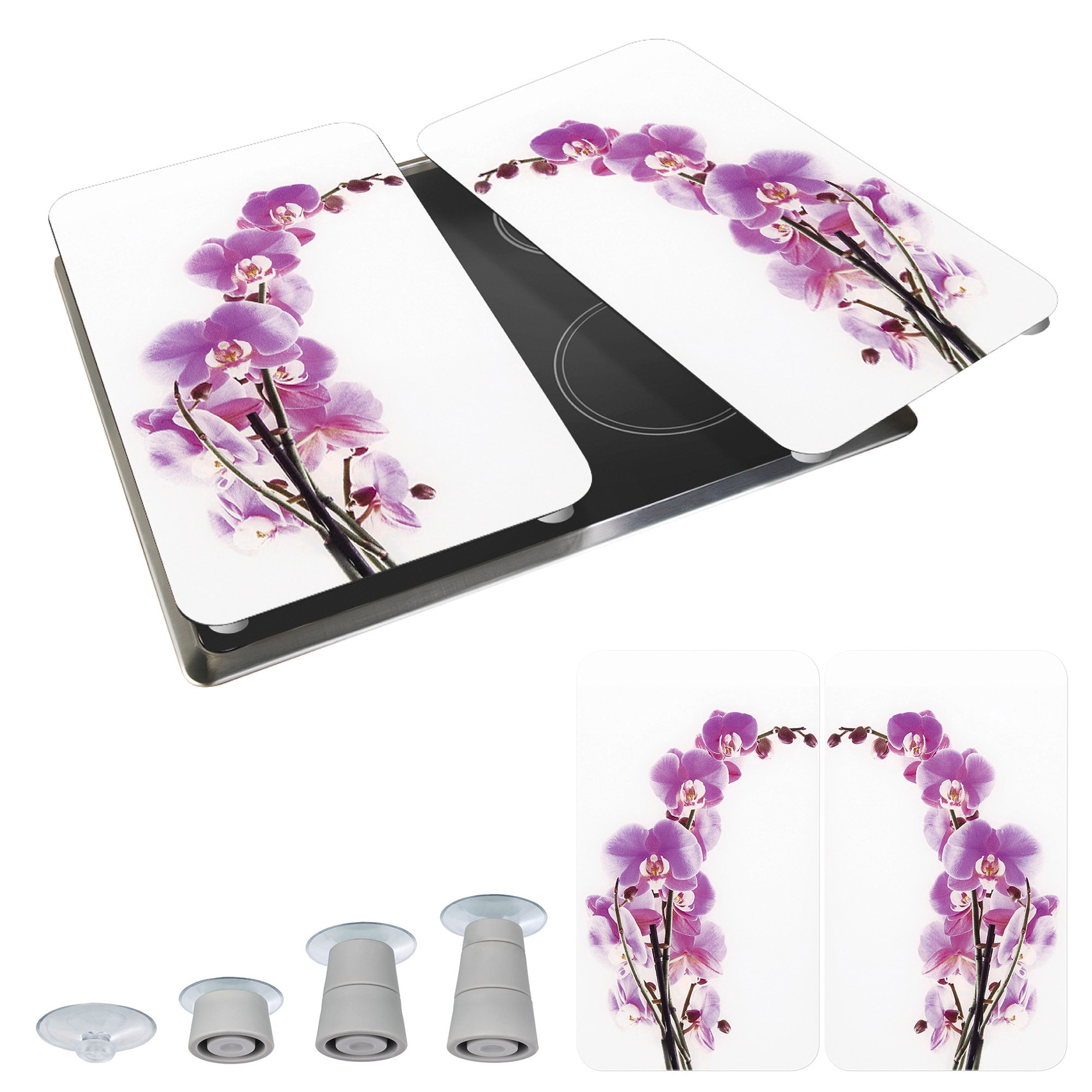 WENKO Herd-Abdeckplatte »Universal Modell Orchideenblüte«, (Set, 2 tlg.), Herdabdeckung für alle Herdarten, kratzfest, mit rutschfesten Füßen