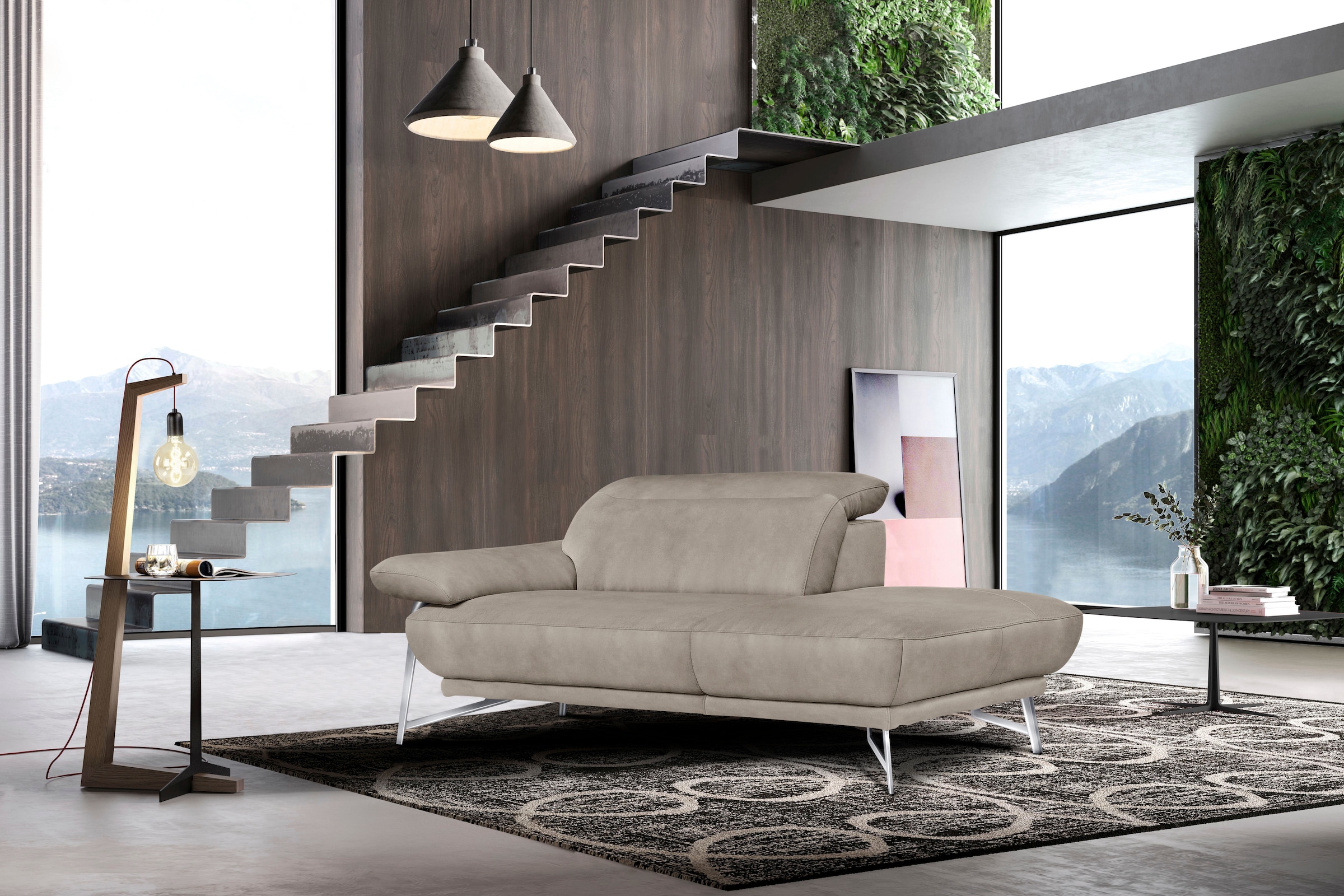 Egoitaliano Sofa »Anais, erstklassiger Sitzkomfort, Fußfarbe chrom« Set, Kopfteil verstellbar, Luxus-Microfaser Lederoptik, opal grau
