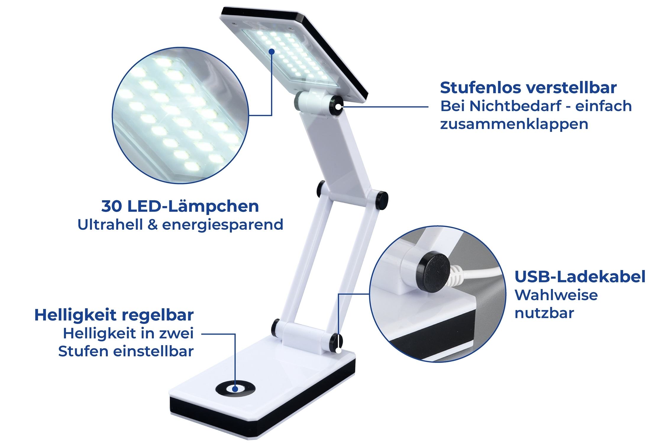 Maximex LED Schreibtischlampe »faltbar«, Leuchtmittel LED-Modul | LED fest integriert, LED Lampe, stufenlos verstellbar, USB-Port oder Batteriebetrieb