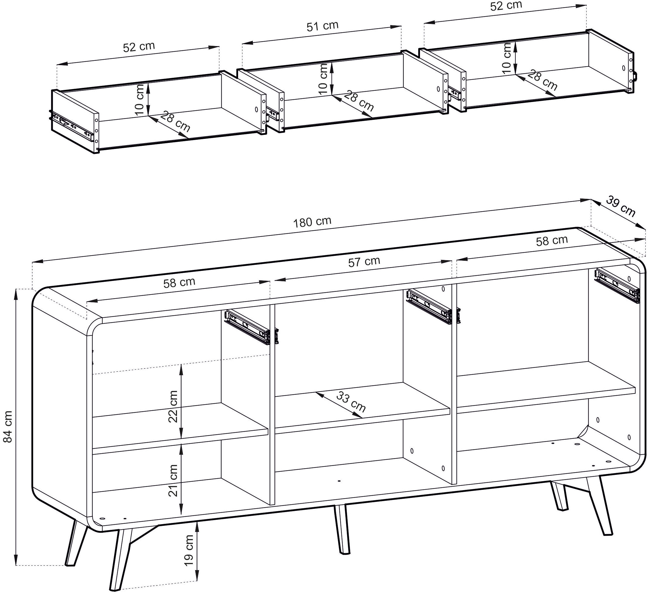 Home affaire Sideboard »Torsby, moderner Schrank, Kommode in Eiche Natur, 180 cm breit« abgerundete Ecken, ausreichend Stauraum, vielseitig einsetzbar