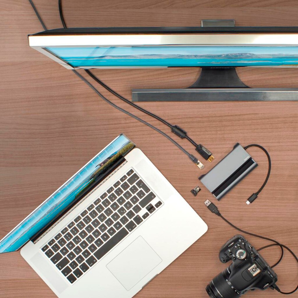 Hama USB-Adapter »USB-C Multiport Hub für Laptop mit 7 Ports, USB Adapter, Handy, Tablet«, USB-C zu USB Typ A-USB Typ C-VGA-HDMI-RJ-45 (Ethernet), 15 cm