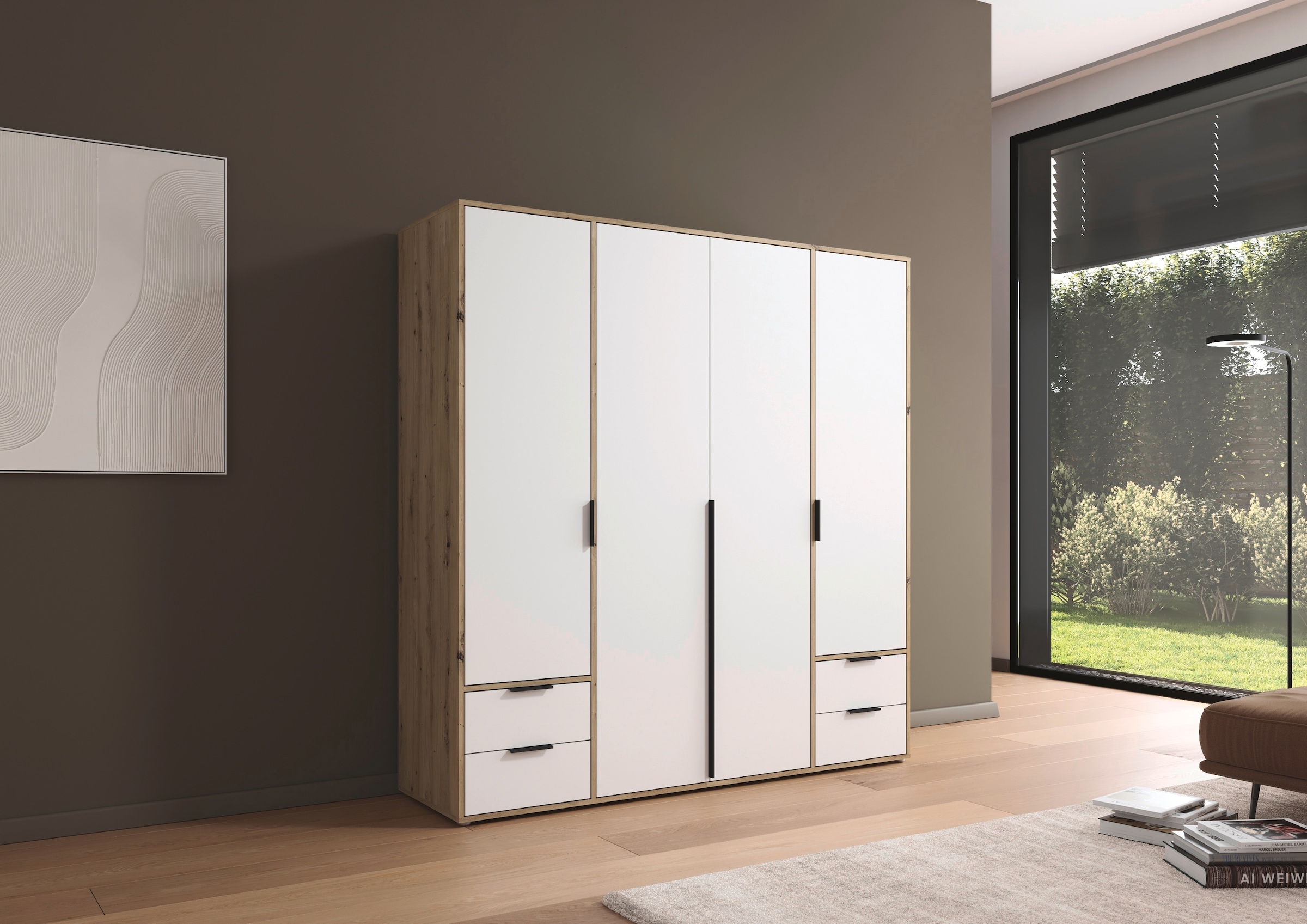 rauch Drehtürenschrank »Kleiderschrank Schrank Garderobe Wäscheschrank NAGATA viel Stauraum«, (in 3 verschiedenen Ausstattungen BASIC/CLASSIC/PREMIUM), mit Schubladen sowie Stangengriffen TOPSELLER MADE IN GERMANY