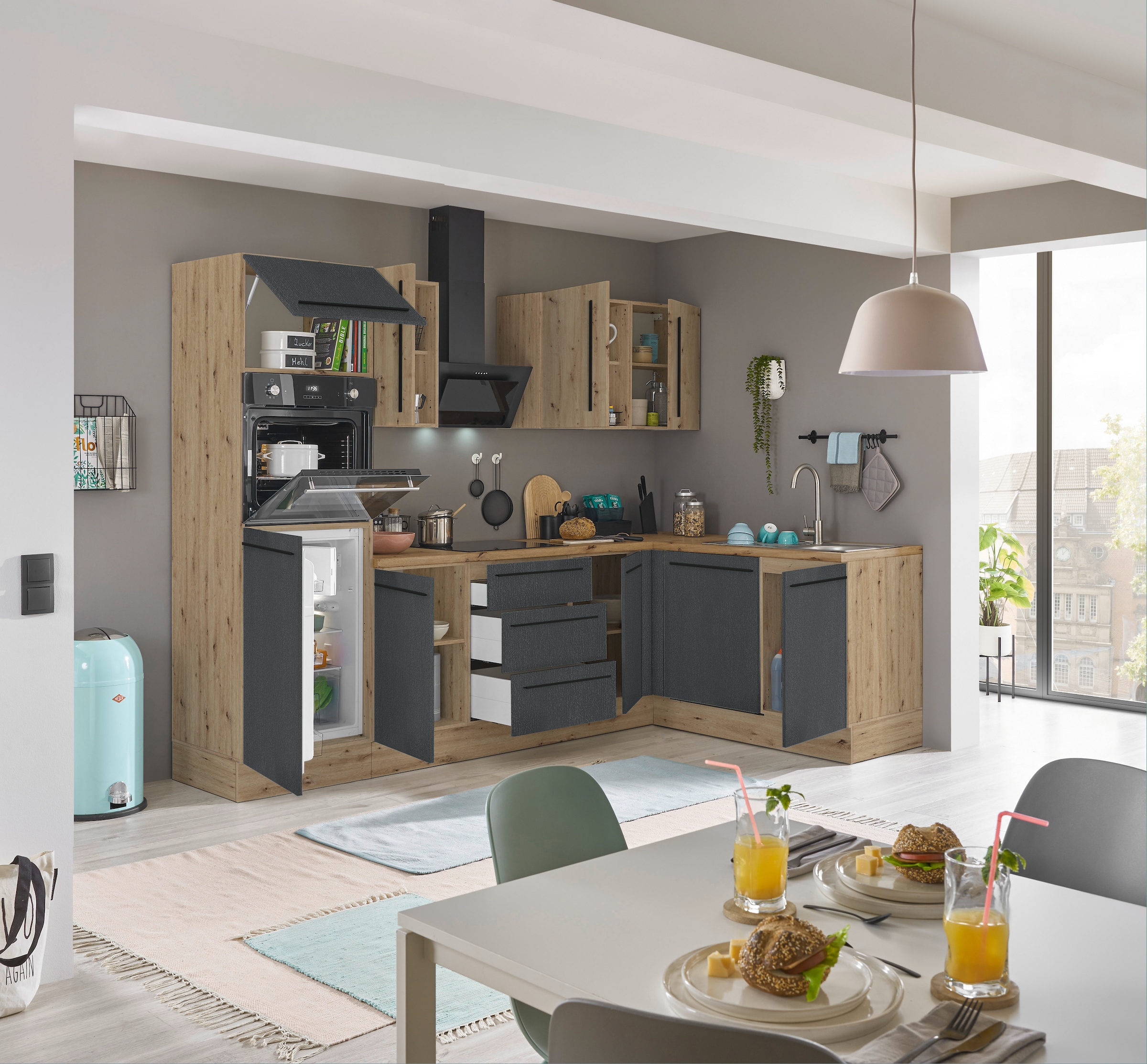 KOCHSTATION Winkelküche »Florida, Stellbreite 280x165 cm« wahlweise mit E-Geräten, mit Softclose für Türen und Schubkästen