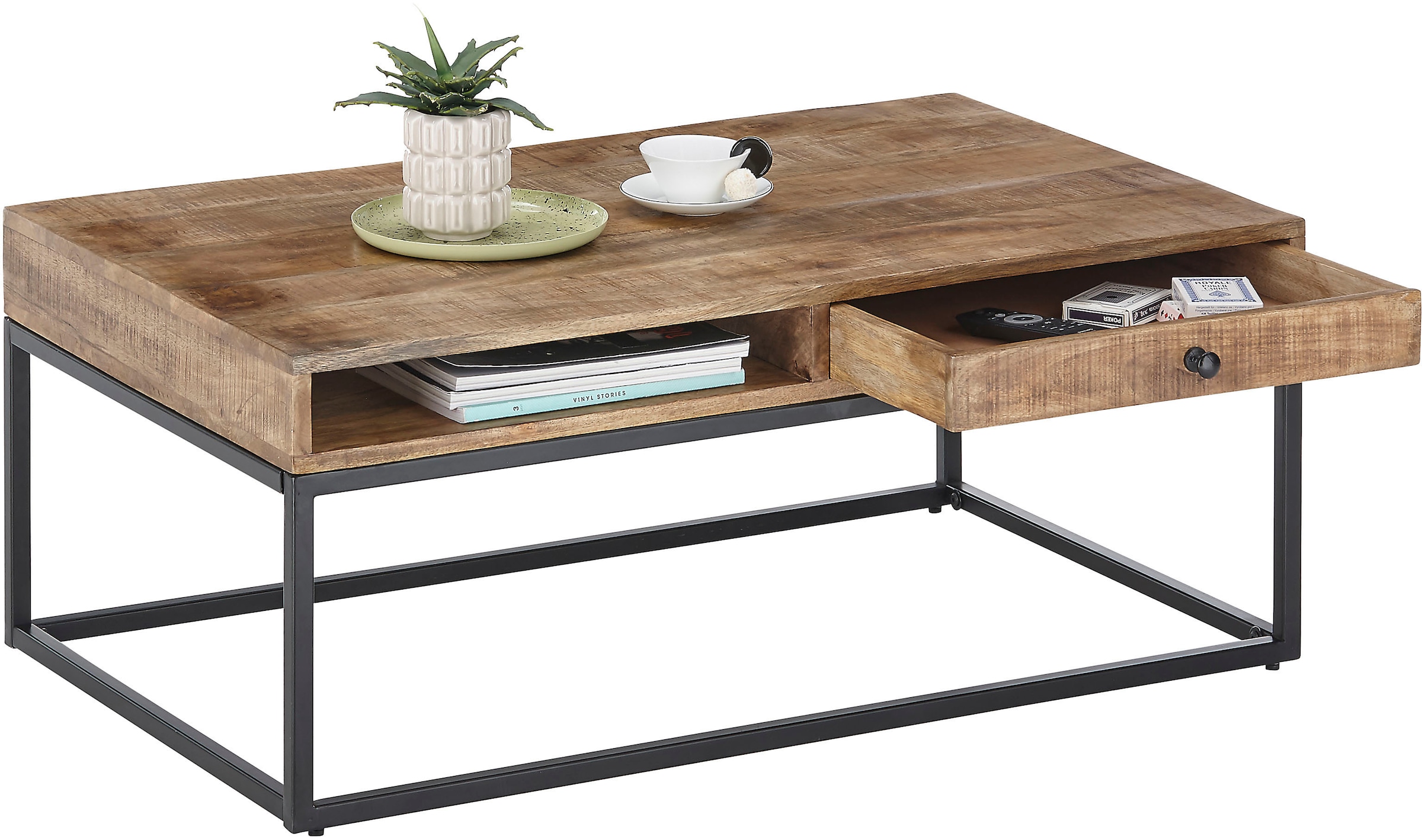 Stolkom Couchtisch »ALISON« Massivholz mit Schublade, Tisch im Industrial Style