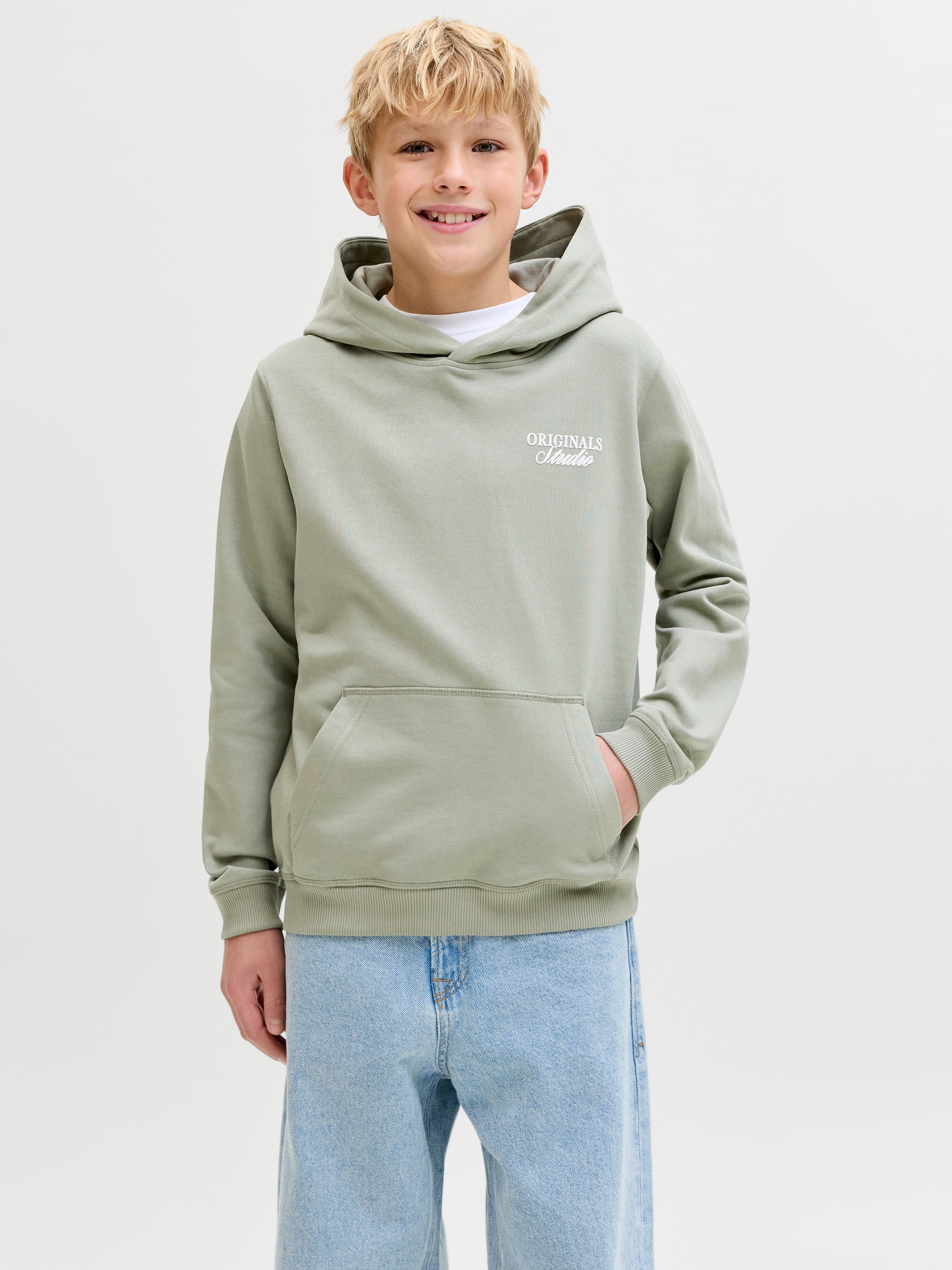 Jack & Jones Junior Kapuzensweatshirt »JORNORREBRO TYPO BACK SWEAT HOOD SN JNR«, Baumwollmischung, relaxed fit, Langarm
