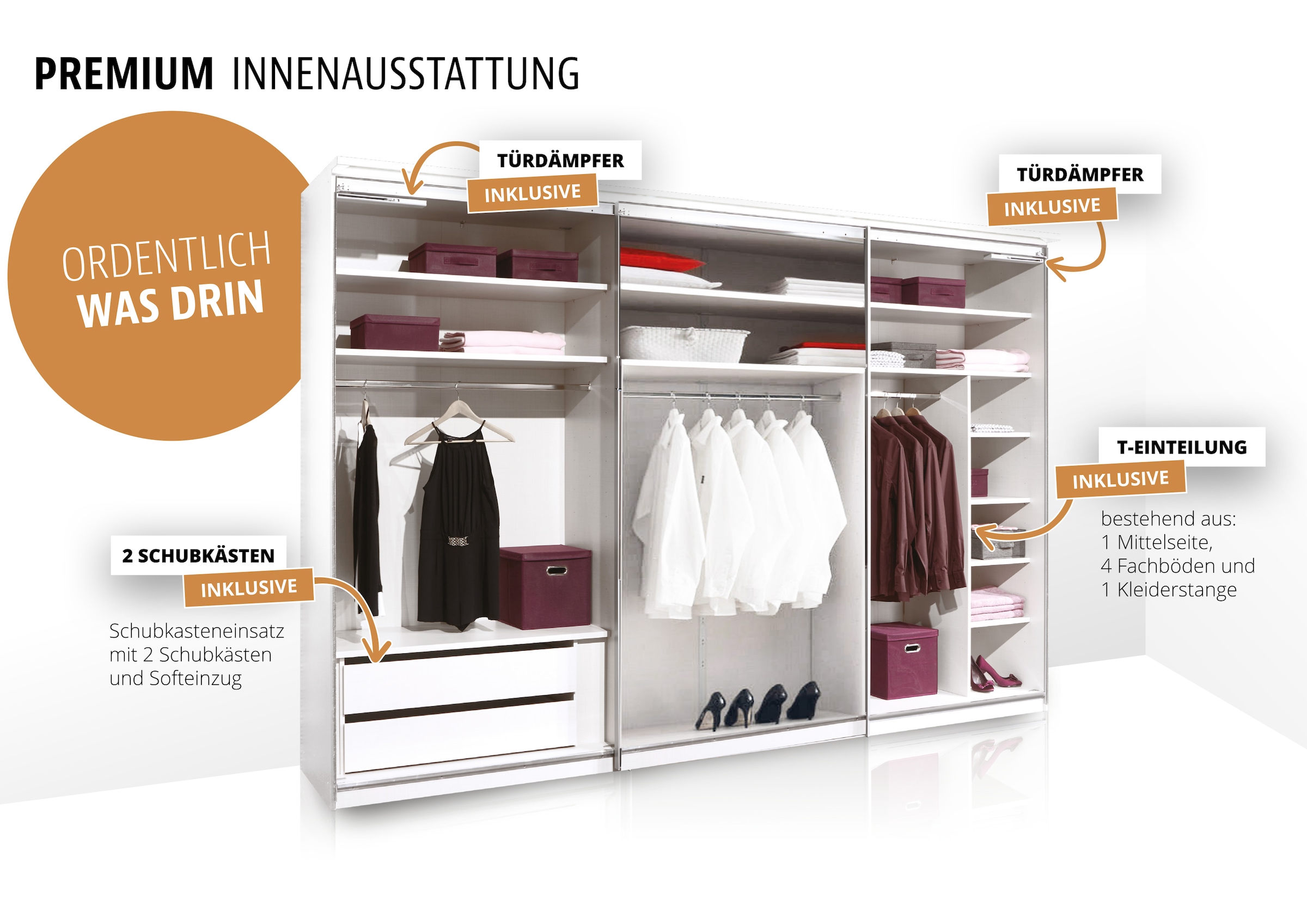 STAUD Schwebetürenschrank »Includo, extra kurze Lieferzeit! Premium Ausstattung«, (H/B/T ca. 222/249/68), Qualität made in Germany
