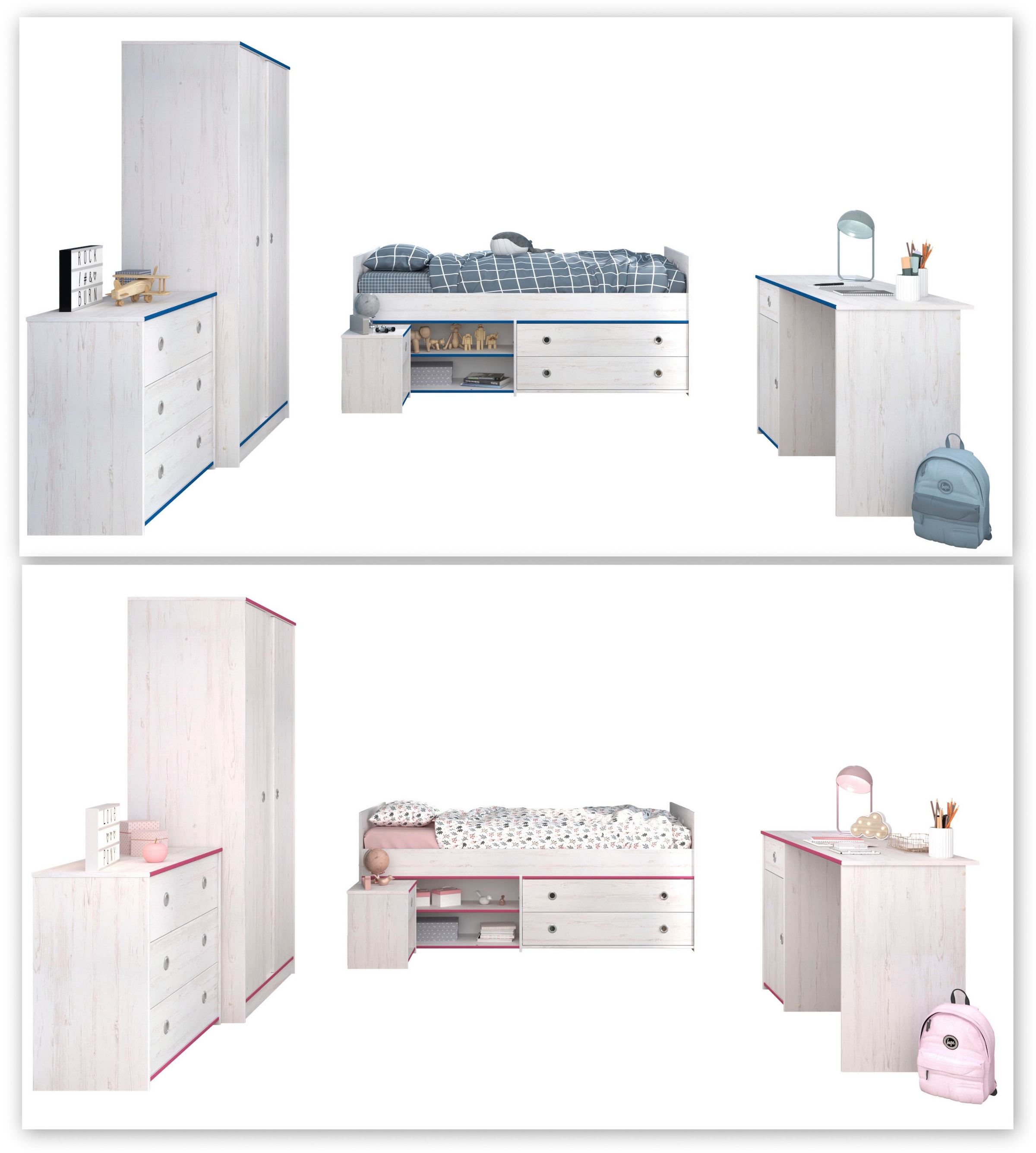 Parisot Jugendzimmer-Set »Smoozy«, (Set, 5 tlg., Stauraumbett, Nachttisch, Kleiderschrank, Schreibtisch und Kommode)