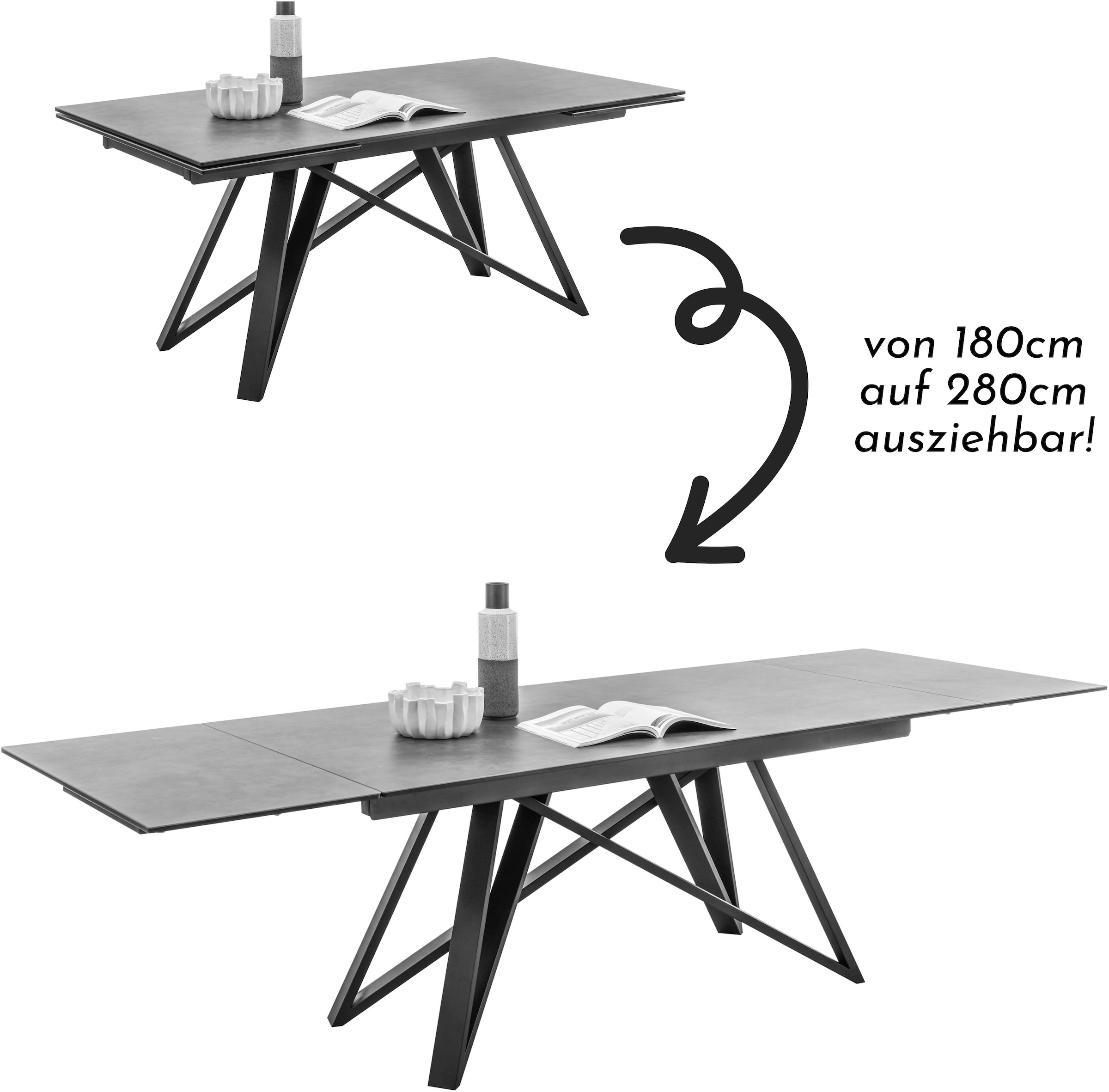 Stolkom Esstisch »Charly Esszimmertisch Keramik, ausziehbar 280 cm, BxHxT 180x75x95 cm«, Keramikoberfläche,Tischplatte beidseitig ausziehbar 180 auf 280 cm