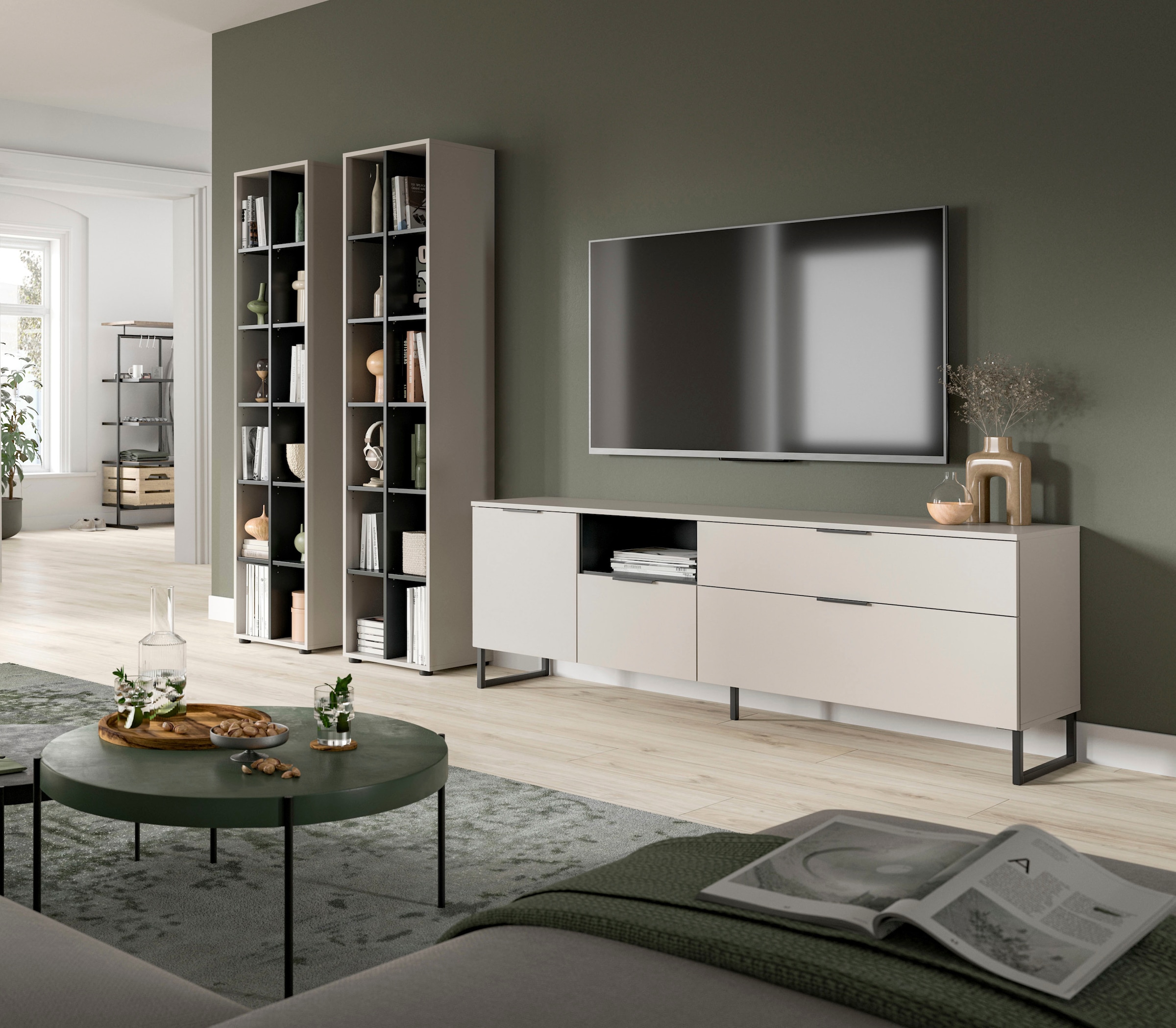 Home affaire Wohnwand »ADIO, Breite 305 cm, 3-teiliges Set, mit Metall-Kufenfüße« Set, bestehend aus: 2x Standregal und Lowboard, 3 Stk. tlg.