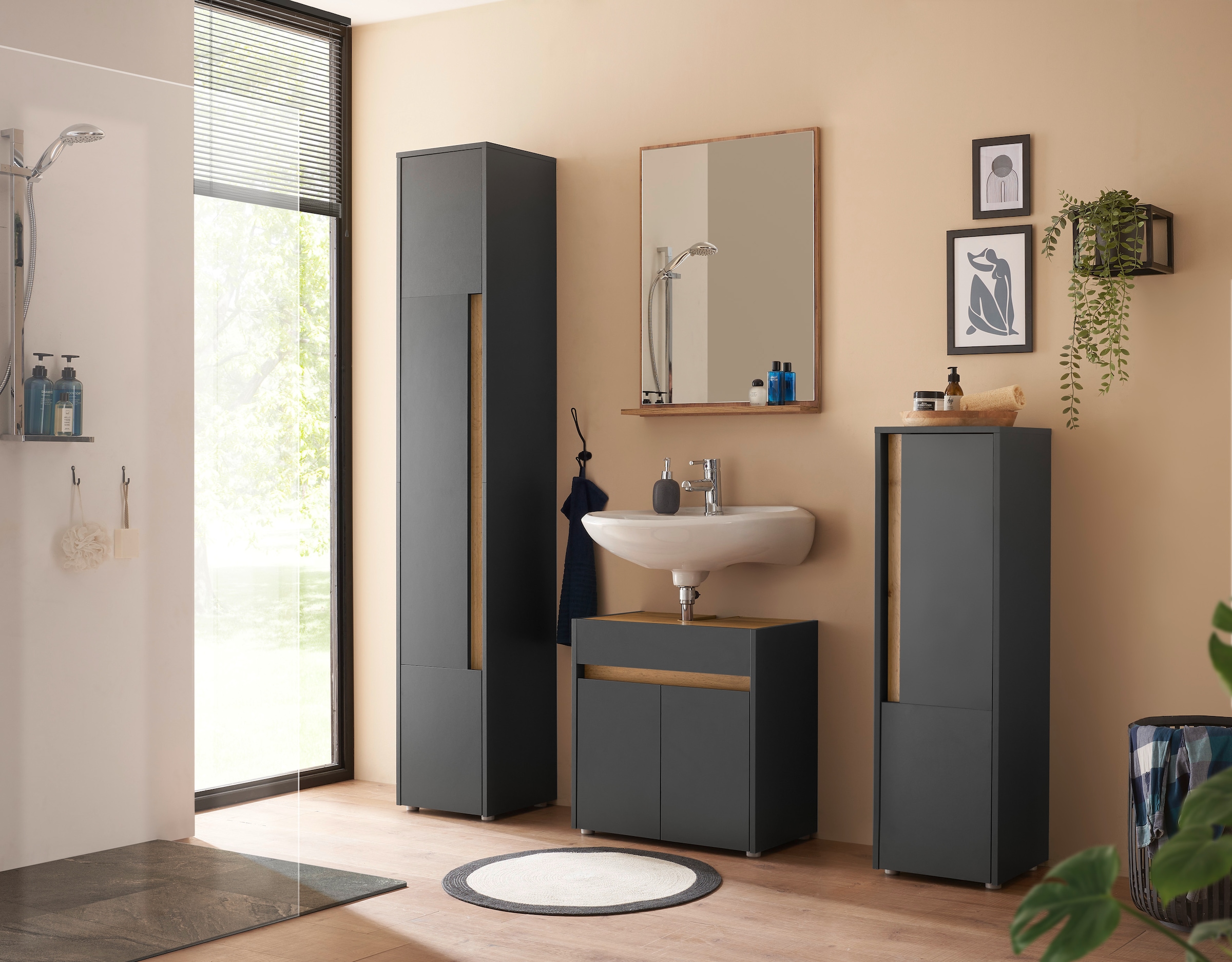 INOSIGN Waschbeckenunterschrank »CITY/GIRON, Waschtisch mit Griffmulde, Badschrank in zeitlosem Design«, in den Farben Weiß und Anthrazit verfügbar, viel Stauraum