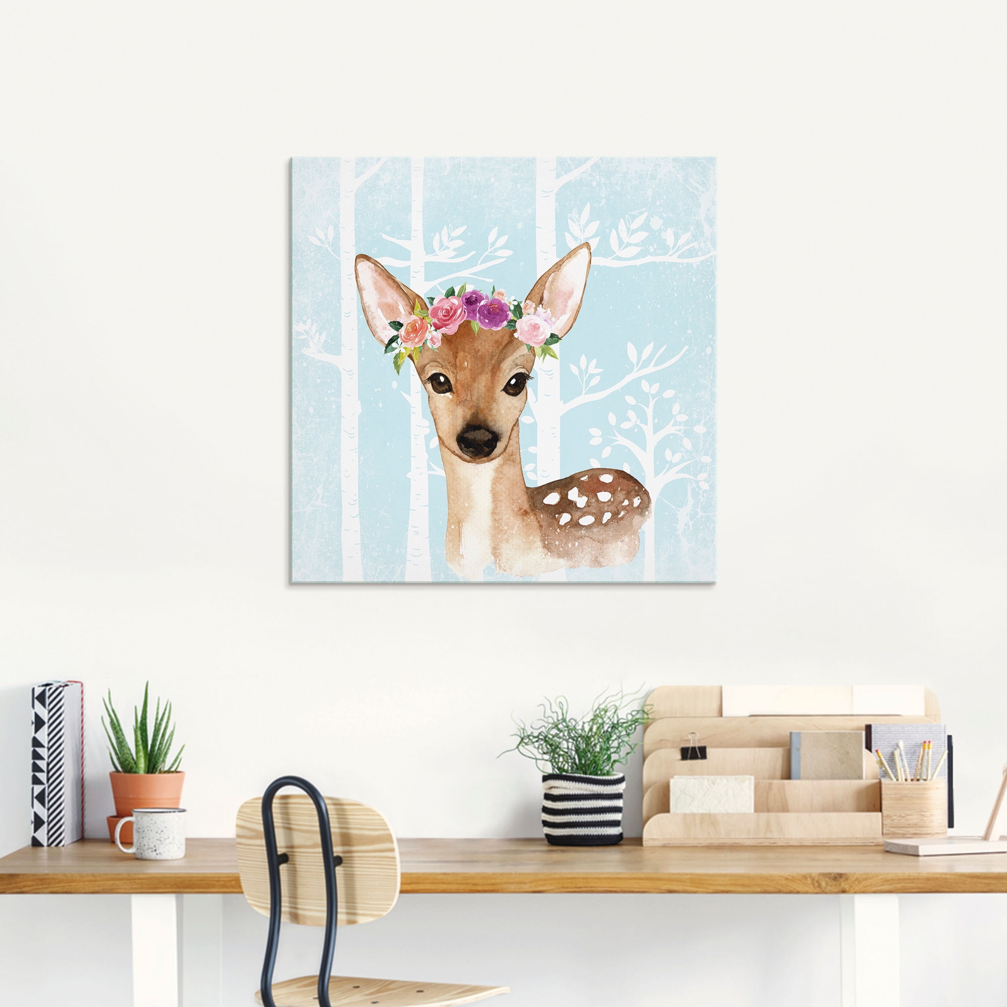 Artland Glasbild »Wild Reh mit Blumen im blauen Wald« Tiere 1 Stk. tlg. in verschiedenen Größen