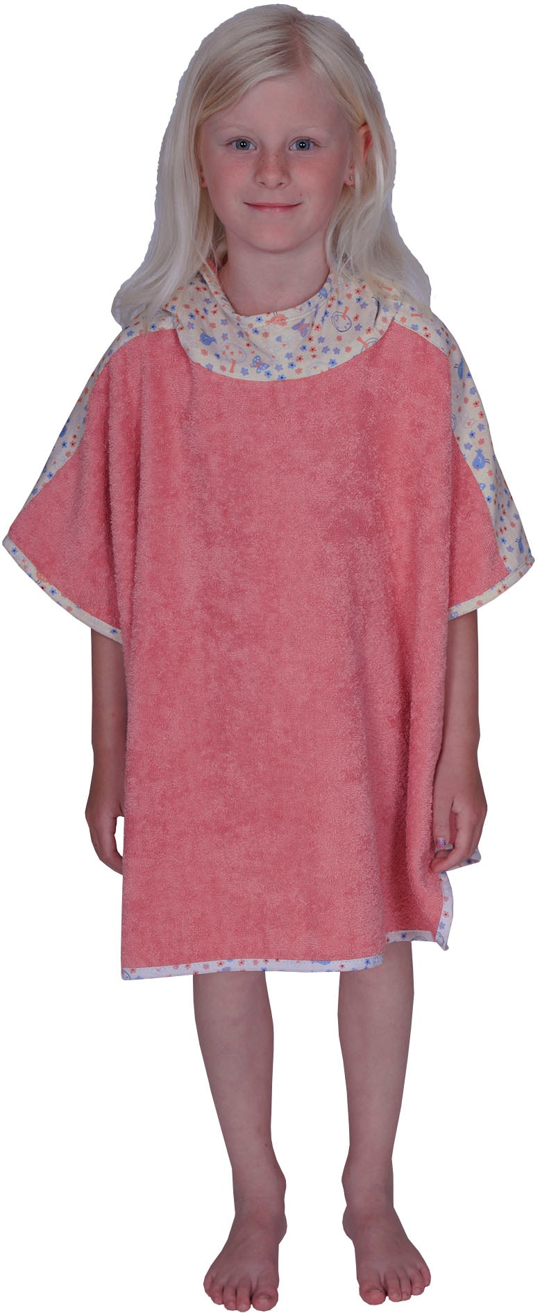 Wörner, Unisex, Badeponcho »Vogel« Außenseite Kapuze und Schulteraufsatz aus bedrucktem Single-Jersey, koralle, Länge: 60 cm, flauschige Frottierware