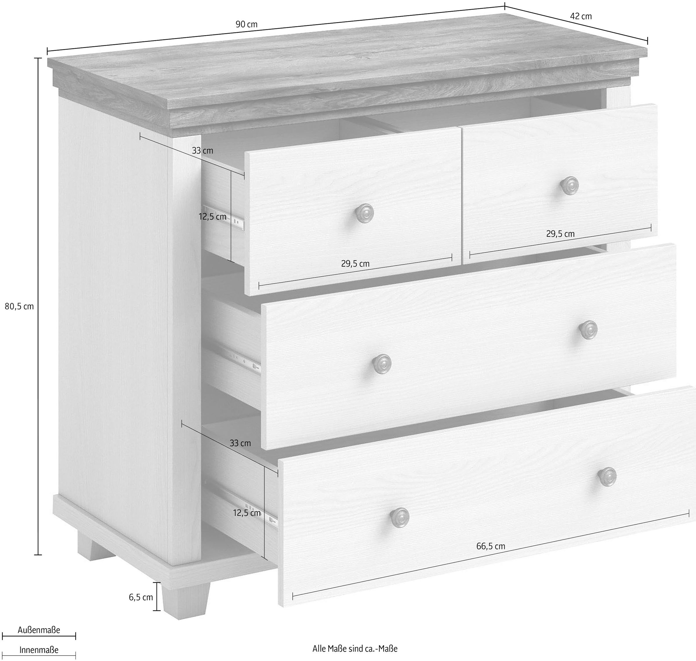 Home affaire Schubkastenkommode »Evora mit 4 Schubladen, 90x42x80,5 cm (BxTxH), FSC®-zertifiziert«, Kommode mit MDF-Applikationen, Landhausstil, passende Ergänzung