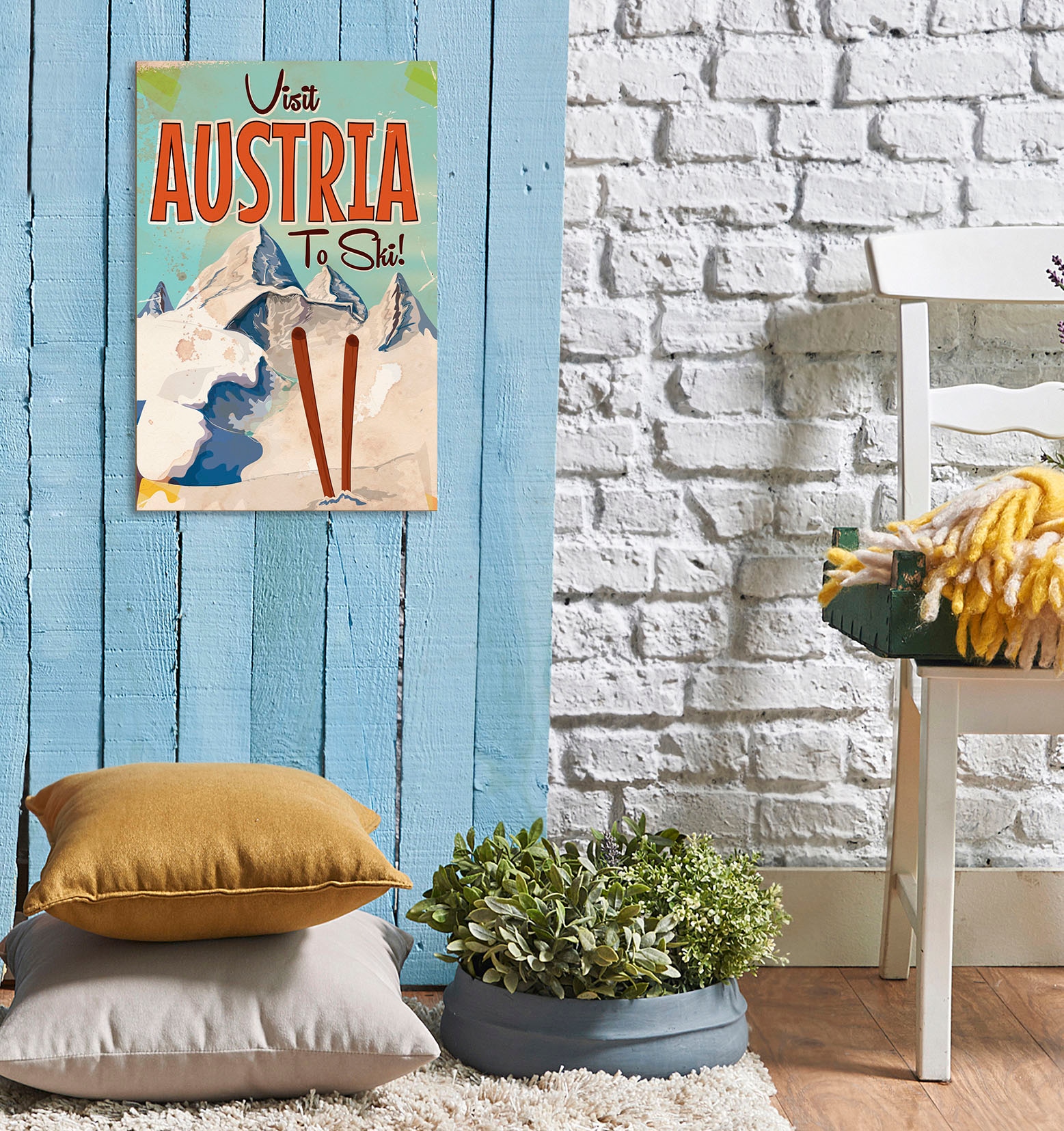 queence Metallbild »Visit Austria«, Schriftzüge-Schriftzug-Berge & Alpenbilder-Schneeflocken-Österreich, (1 St.), Stahlschild, Blechschild, Ski, Österreich