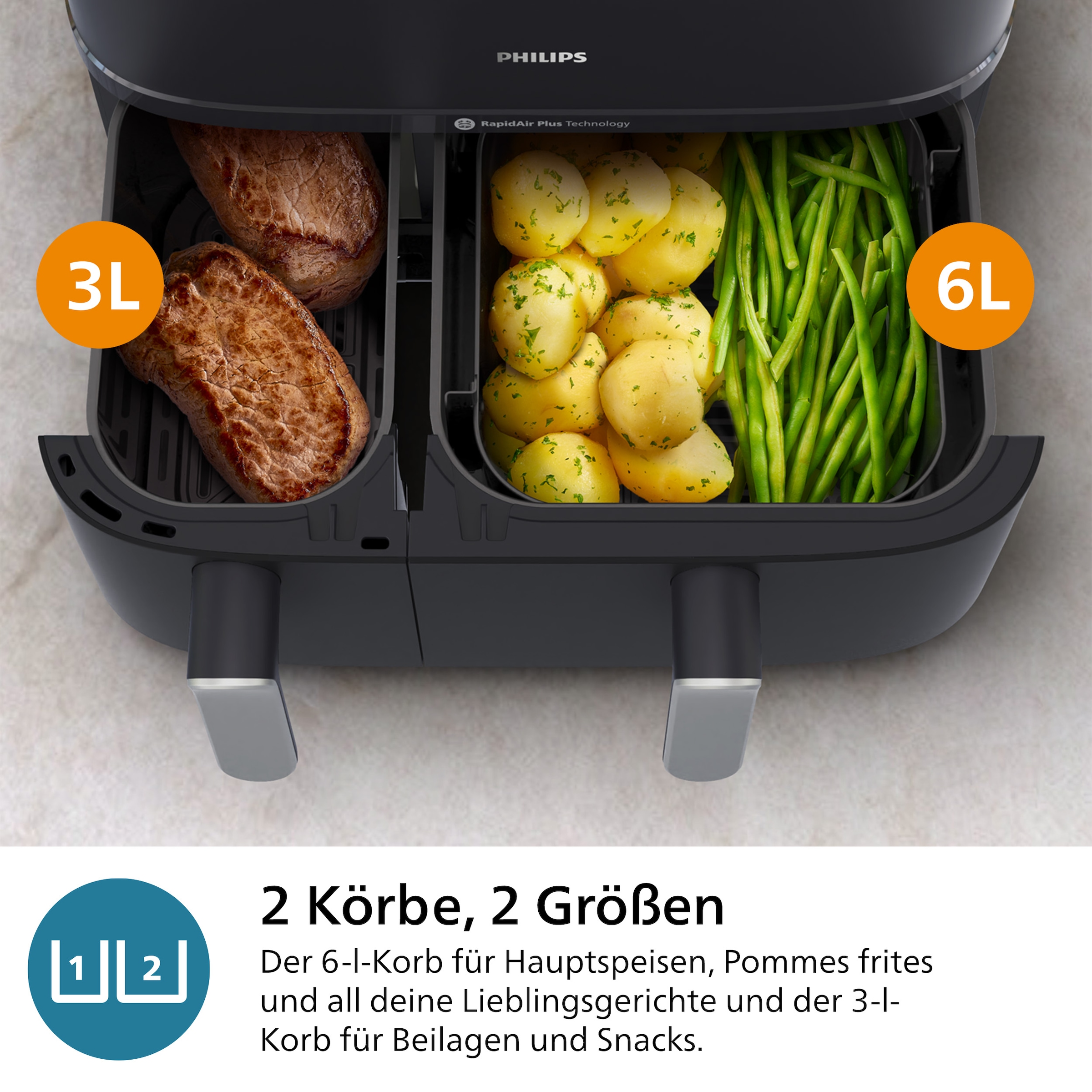 Philips Heißluftfritteuse »Steam Airfryer 5000 Dual Basket NA552/00, Airfryen & Dampfgaren, 3L+6L«, 2750 W, RapidAir Plus Technologie und 19 Kochfunktionen; Edelstahl/Kupfer