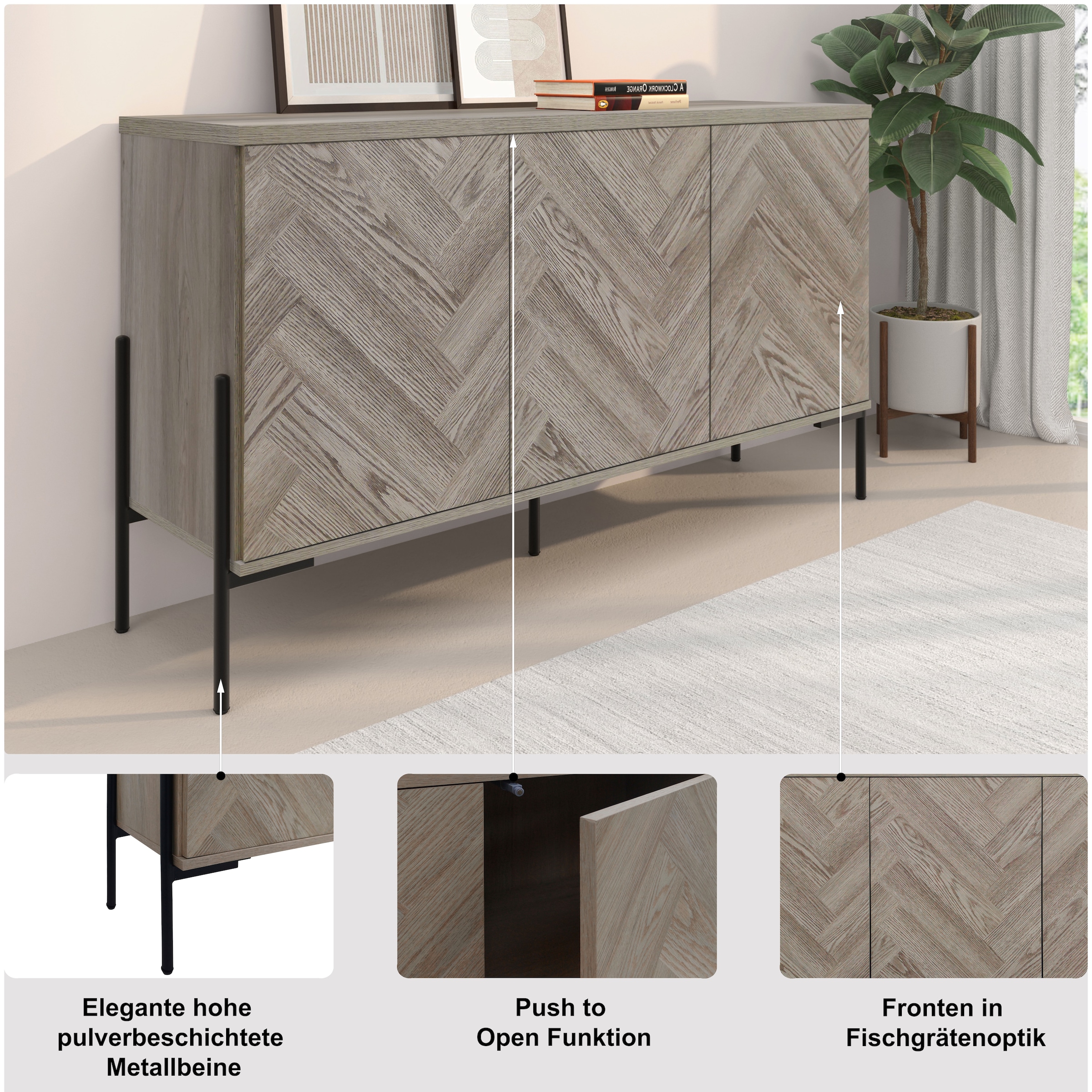 Leonique Sideboard »Eadwine« Kommode, Push-to-open, Türen mit Fischgräten Muster, Breite 130 cm