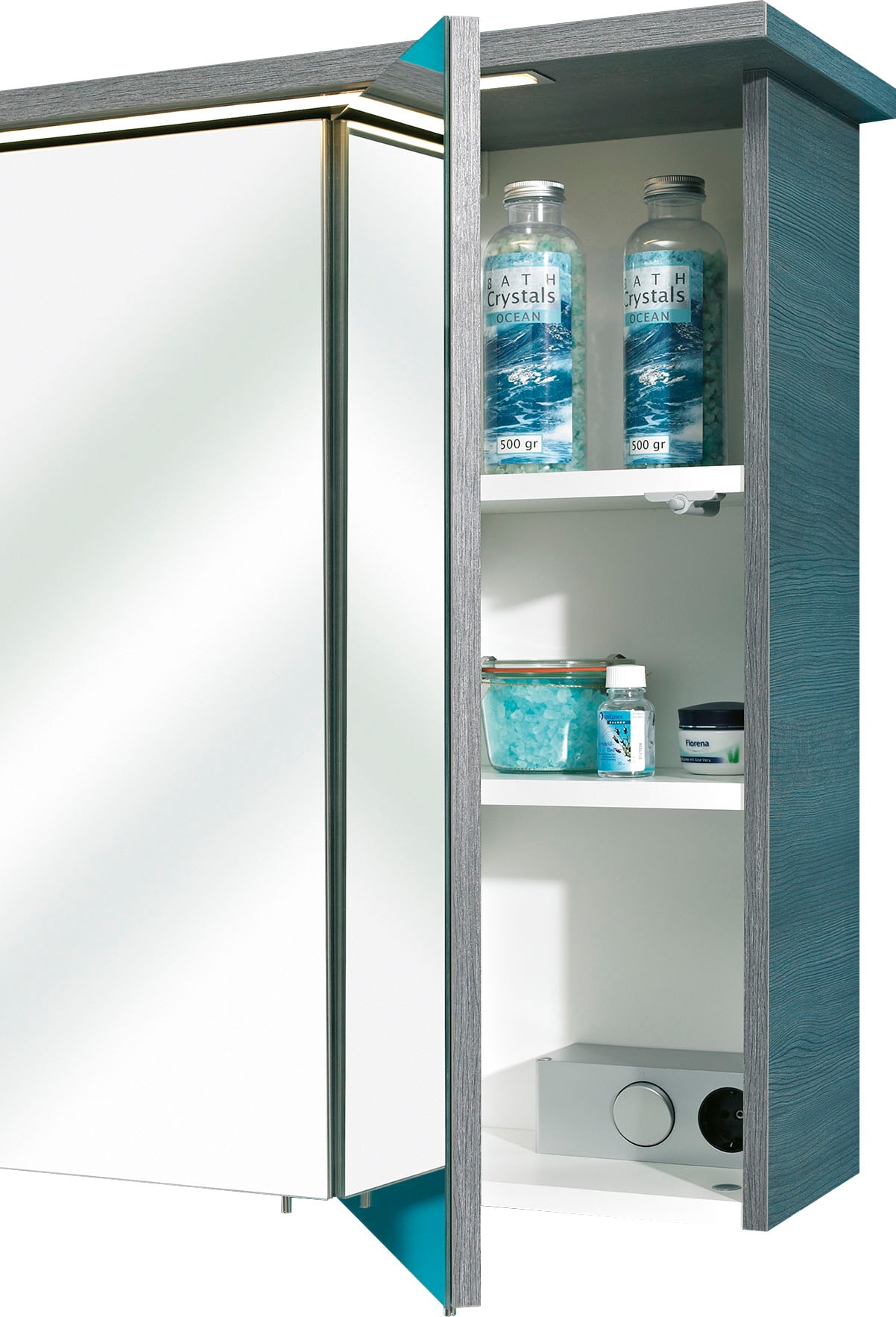 Saphir Badmöbel-Set »Quickset 2-teilig, Glaswaschtisch mit LED-Spiegelschrank, 115 cm breit«, (2 St.), Badezimmer Set inkl. Türdämpfer, 5 Türen, 1 Klappe, 1 Schublade