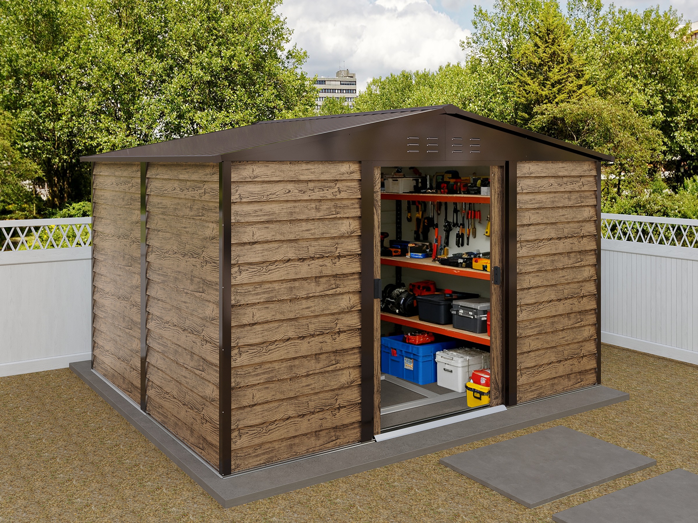 KONIFERA, Gerätehaus »Segovia Verde« mit Fundamentrahmen, Holzfarben, Metall, Holzfarben