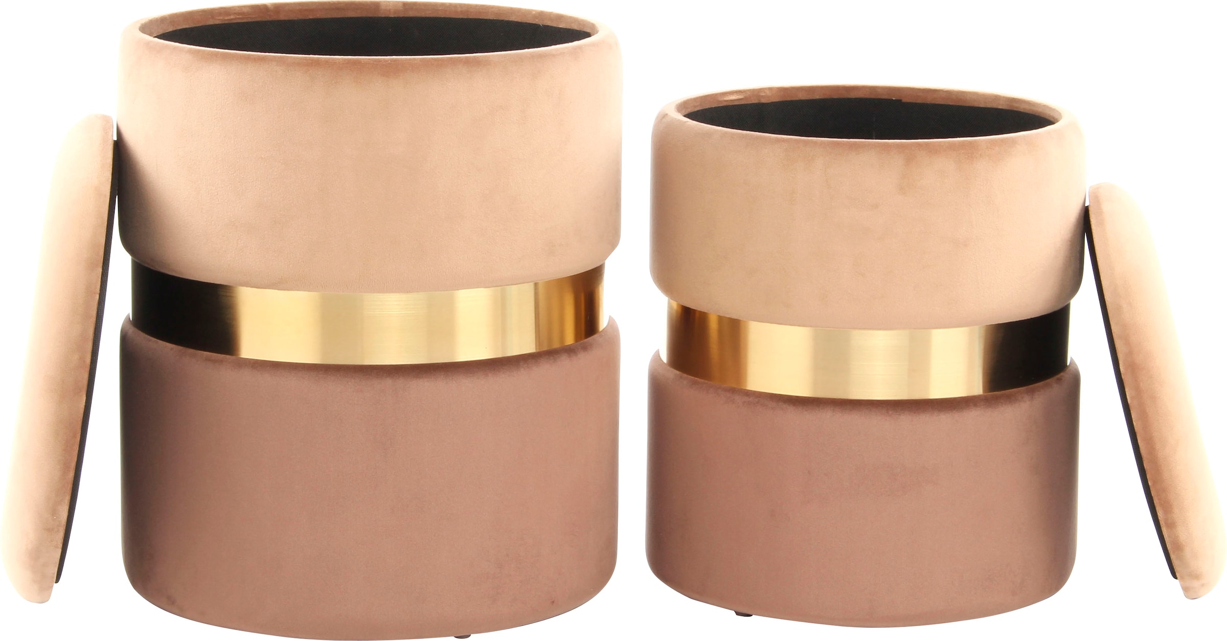 Kayoom Stauraumhocker »Hocker Zora 125 2er-Set, samtweicher Stoffbezug,runde elegante Form« Set, 2 Stk. tlg. edles Design mit Metallring, gepolstert, mit Stauraum