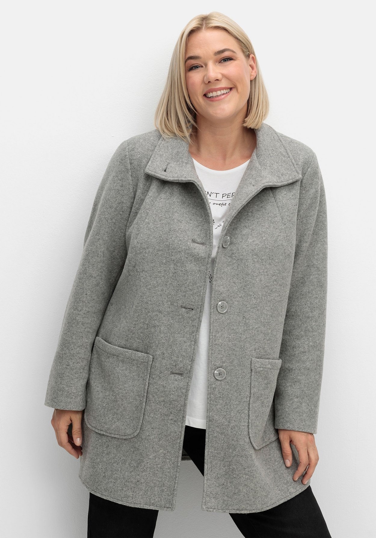 Sheego Langjacke »Jacke in Woll-Optik, mit abgerundeten Seitenschlitzen«, ohne Kapuze, in...