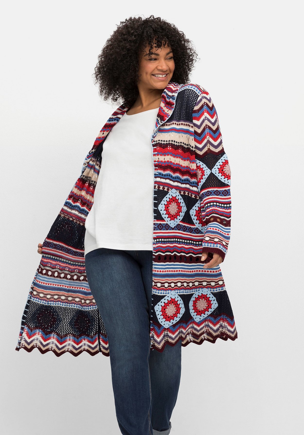 Sheego Longstrickjacke »Longstrickjacke im Boho-Stil, mit Schalkragen«, im Boho-Stil, mit Schalkragen