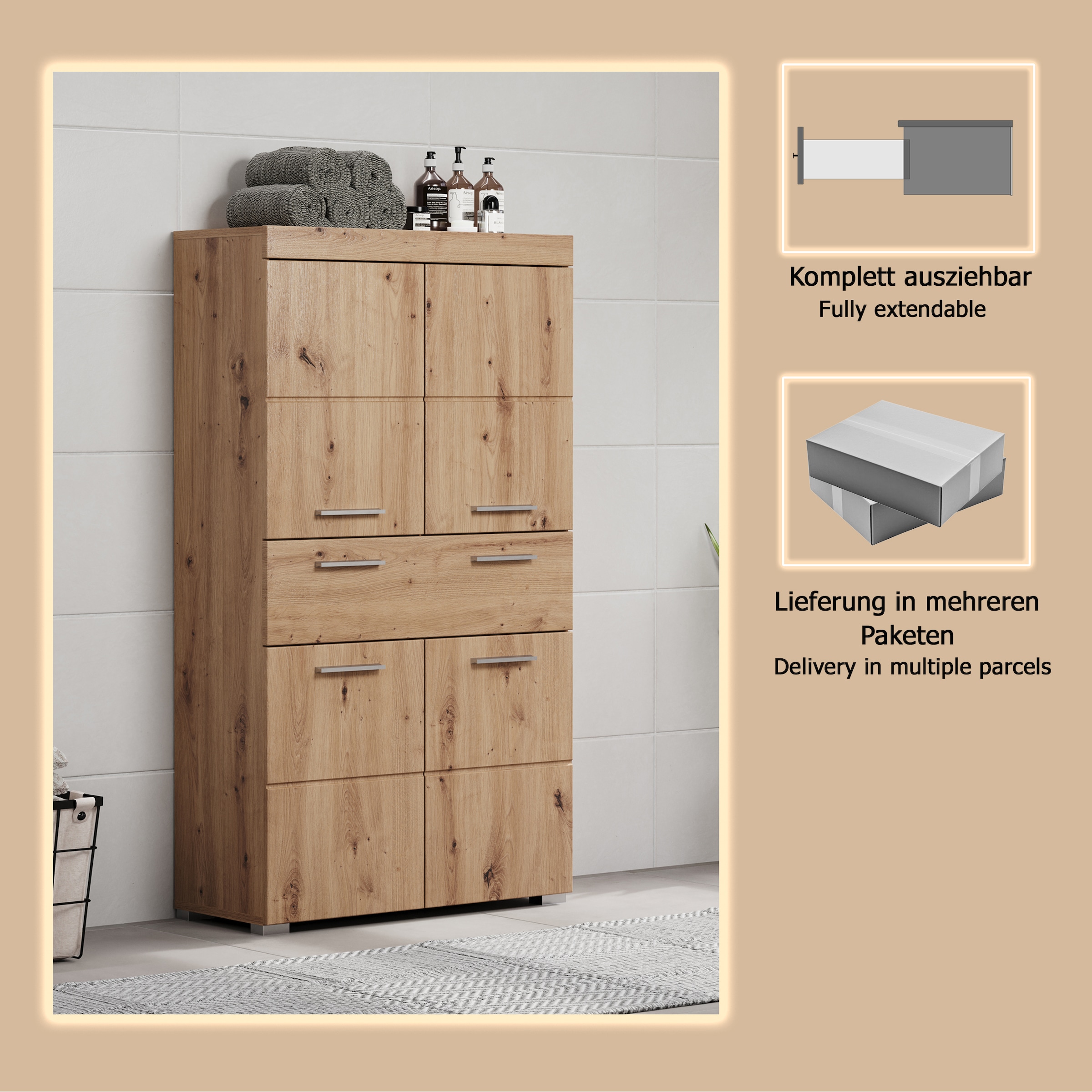 welltime Midischrank »Avena«, Standschrank mit 4 Türen, 1 Schublade - (B/T/H) 73/31/130 cm