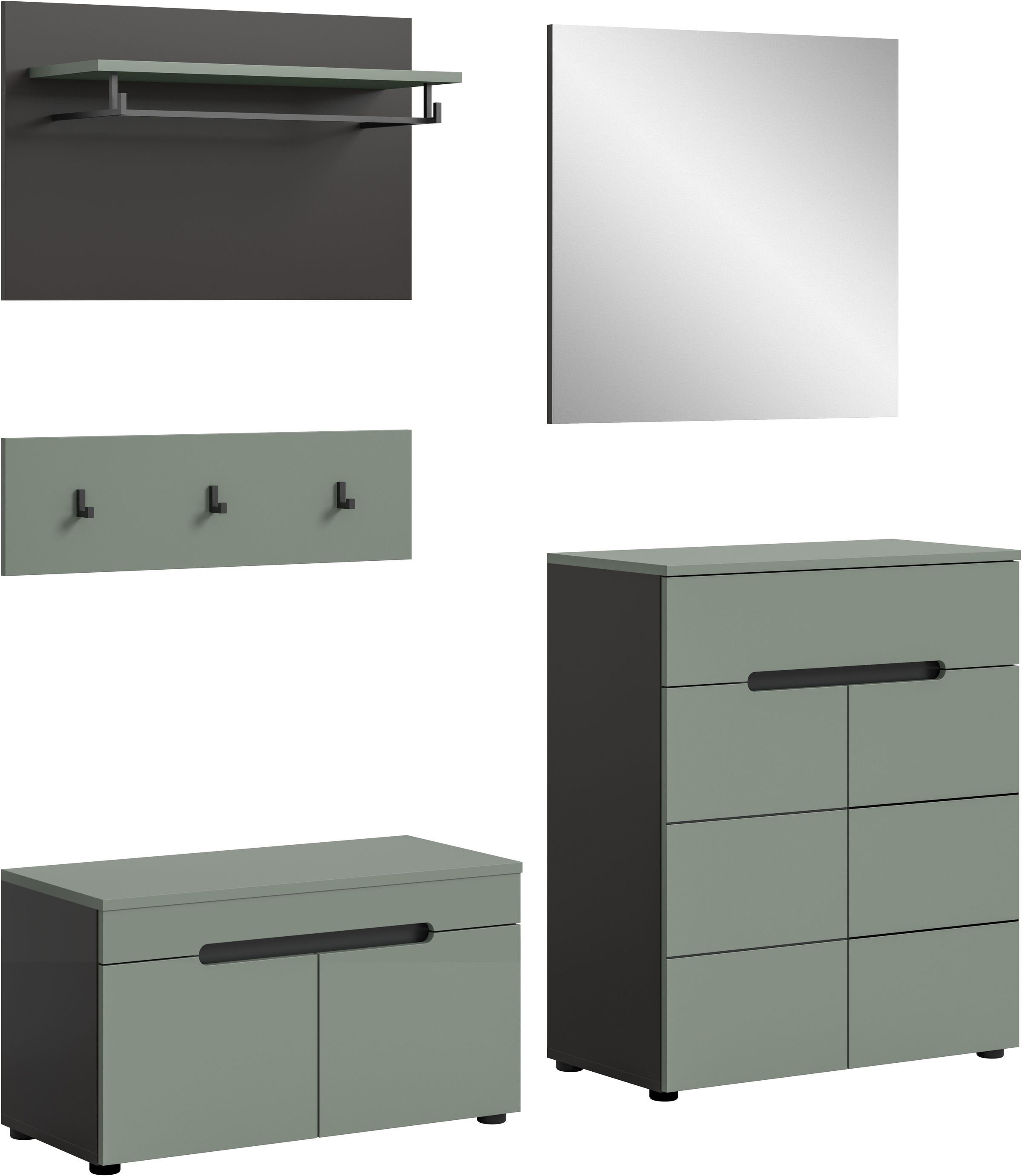 Home affaire Garderoben-Set »REHAT, TOPSELLER!, 5-teilig, Breite 175cm, individuell stellbar« bestehend aus: Sitzbank, Paneel, Hakenleiste, Spiegel, Kommode, 4 Stk. tlg.