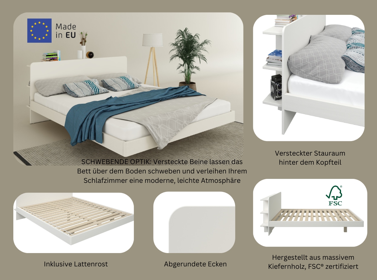 Home affaire Massivholzbett »Amaliah Schwebebett, versteckte Regale hinter dem Kopfteil,« schwebender Effekt, mit Lattenrost, modernes Design, stabile Qualität